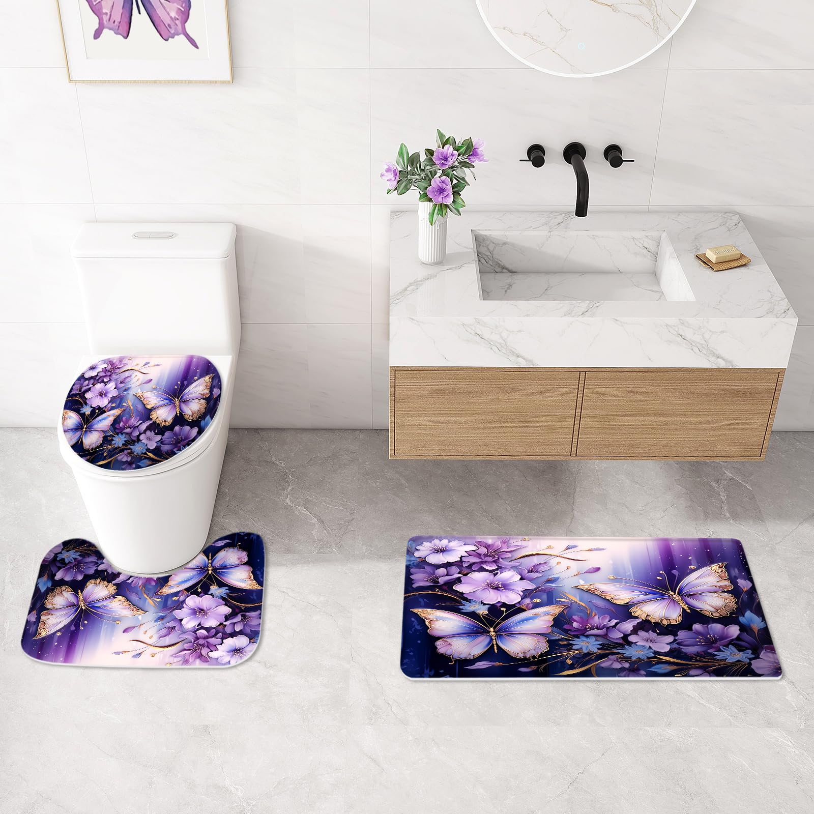 Litabel 4 Pcs Purple Floral Butterfly Shower Curtain Set With Non-Slip Rugs, Modern Toilet Lid Cover And Bath Mat, Elegant Bathr