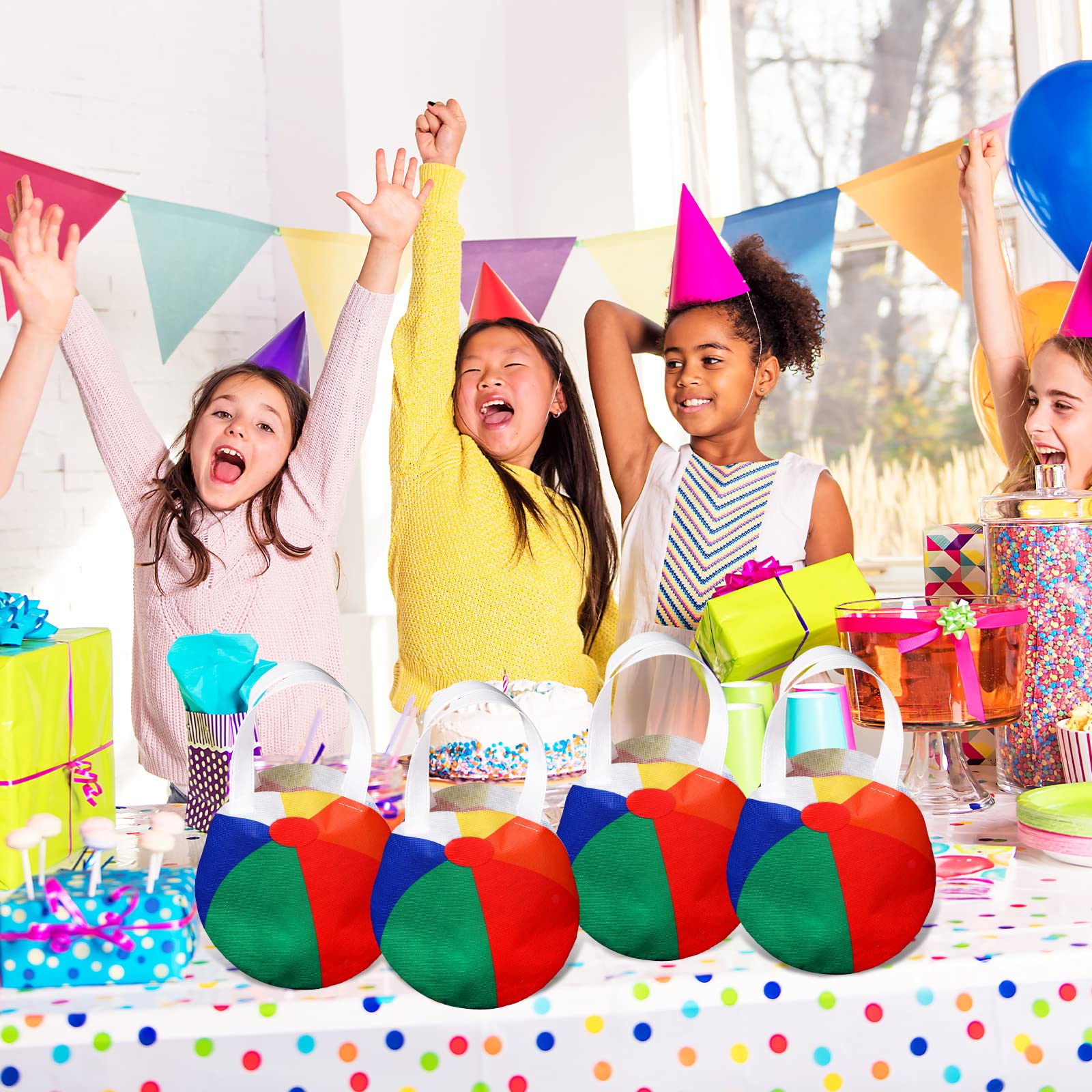 Shihanee 24 Pcs Beach Ball Party Favor Bags Pool Themed Goody Candy Bags Summer Treat Handbags Beach Non Woven Gift Handbags For