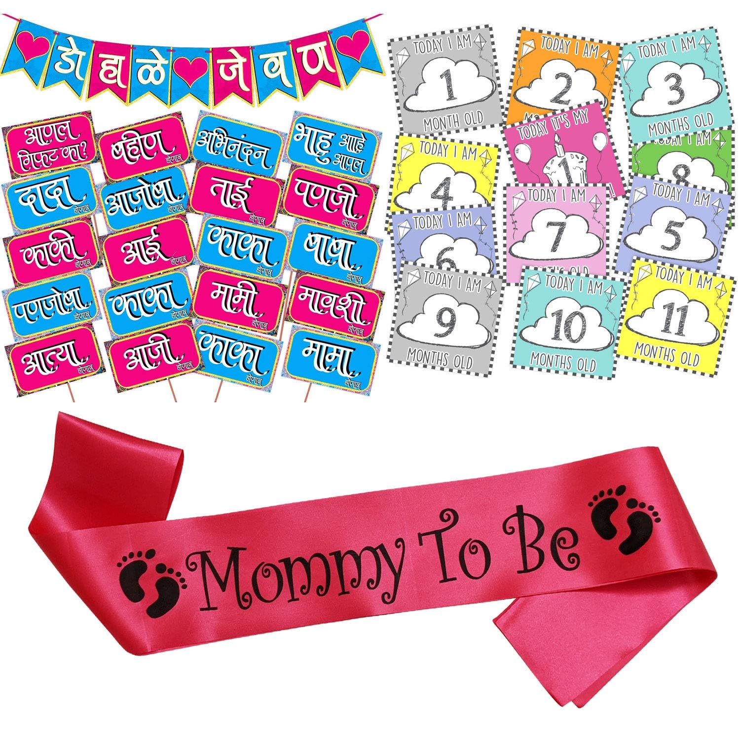 Wobbox Marathi Baby Shower Decoration Items| Baby Shower Ceremony Photo Booth Props for Photoshoot, Baby Shower Banner& Mom to B
