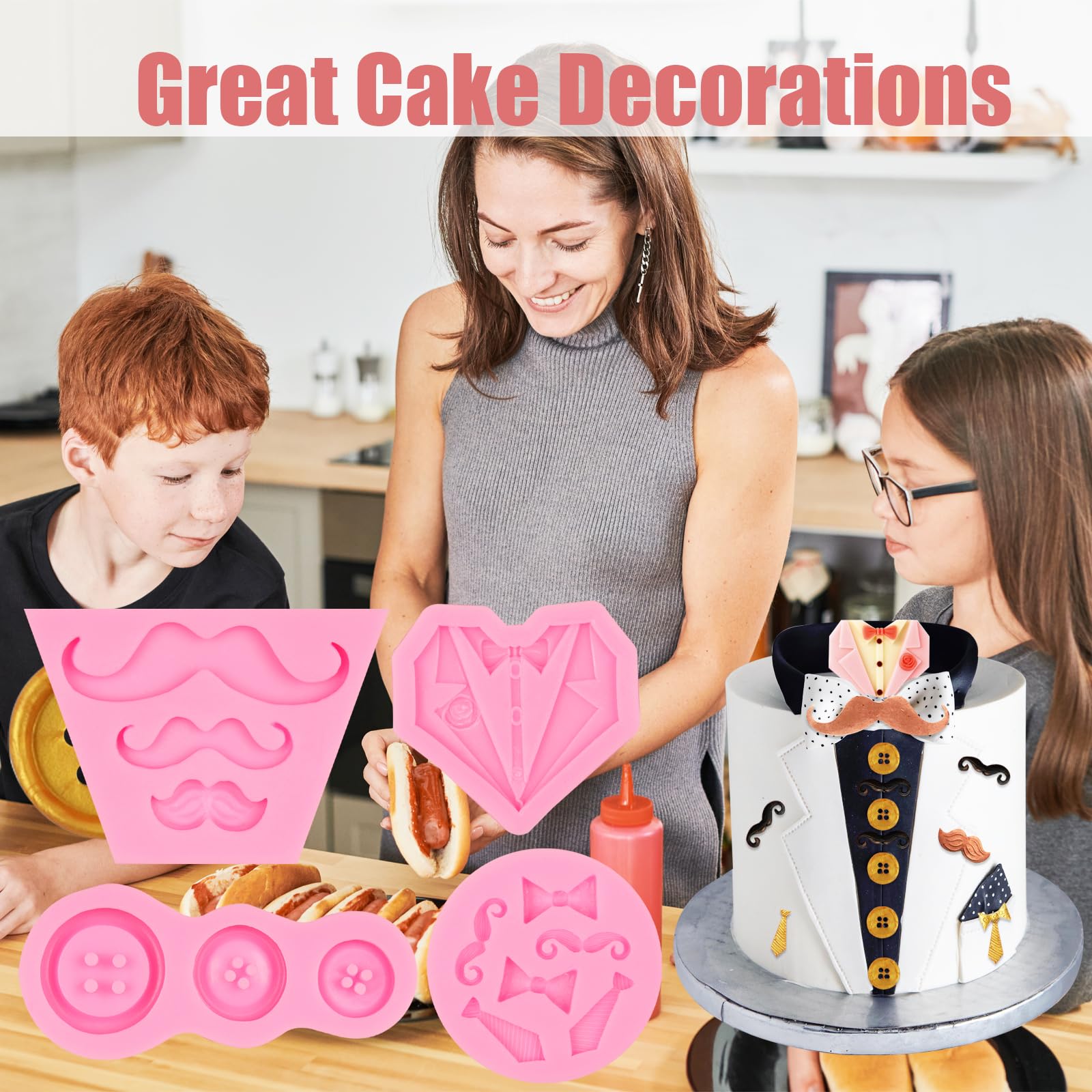 Father'S Day Bow Tie Silicone Molds 4 Pcs, Dad Beard Fondant Mold, Button Chocolate Mold For Cake Decoration Candy Cupcake Toppe