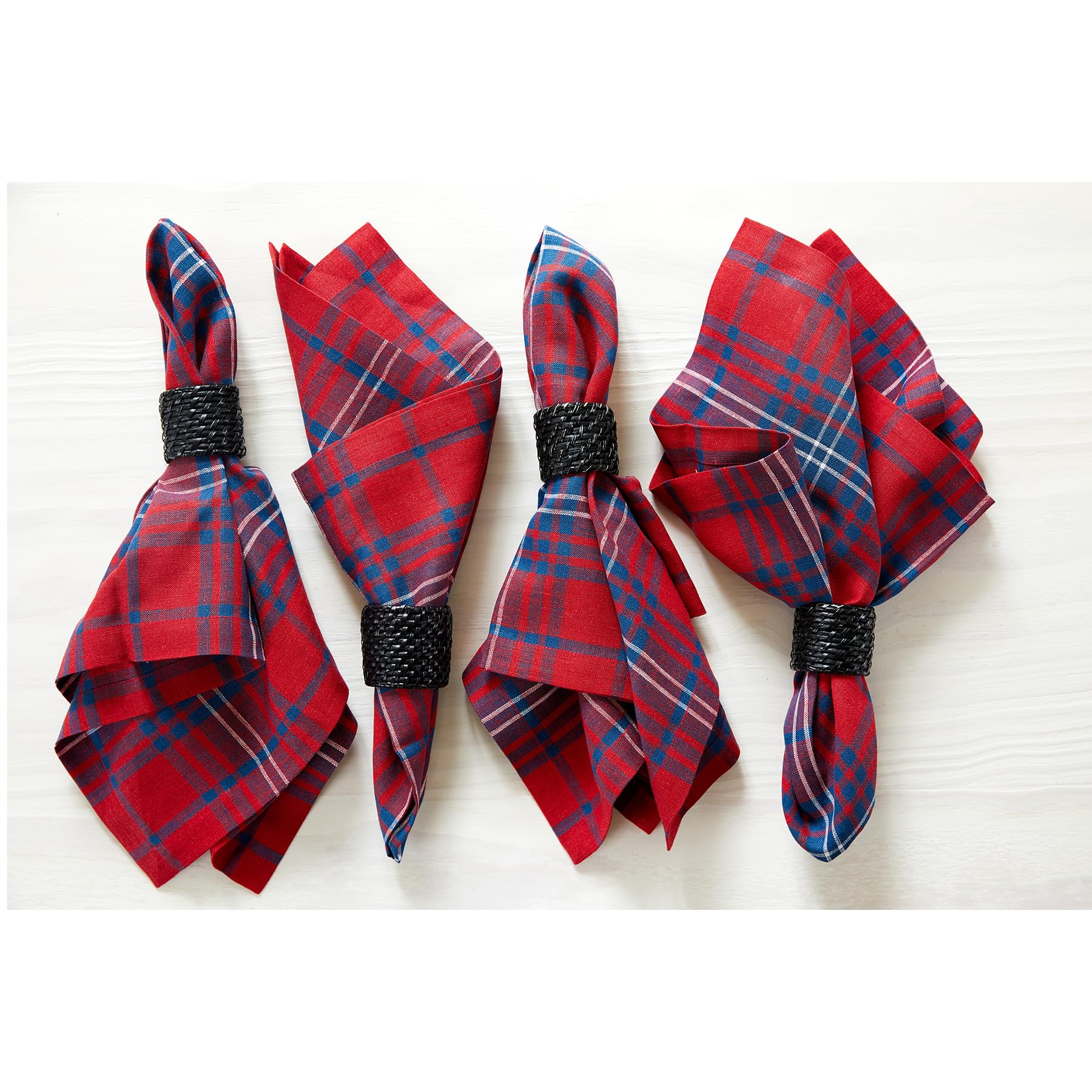 Solino Home Dinner Napkins Set Of 4-100% Pure Linen Red And Navy Tartan Plaid Napkins 20 X 20 Inch - Handcrafted And Machine Was
