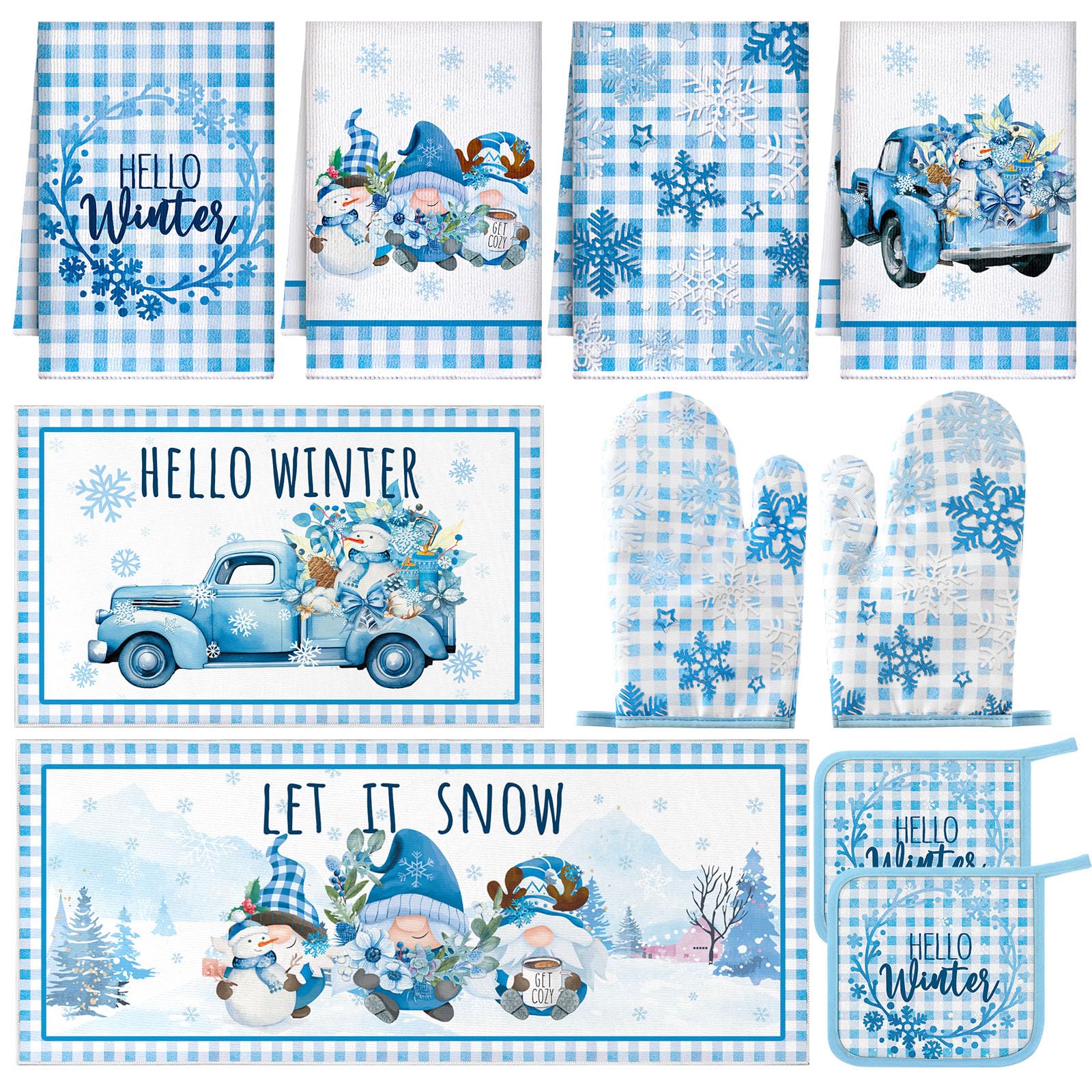 Fanfanwin 10 Pcs Christmas Kitchen Decor Set Kitchen Towels and Rugs Oven Mitts Pot Holders Absorbent Towels for Baking Cooking 