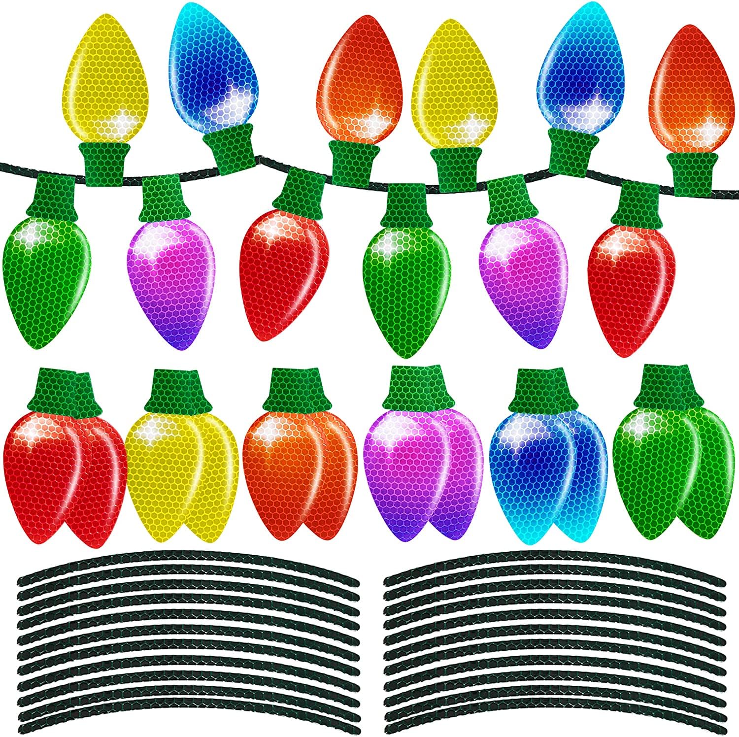 72Pcs Christmas Car Refrigerator Decorations - 24 Reflective Bulb Light Shaped Magnets 48 Magnetic Wires Ornaments Set Xmas Holi