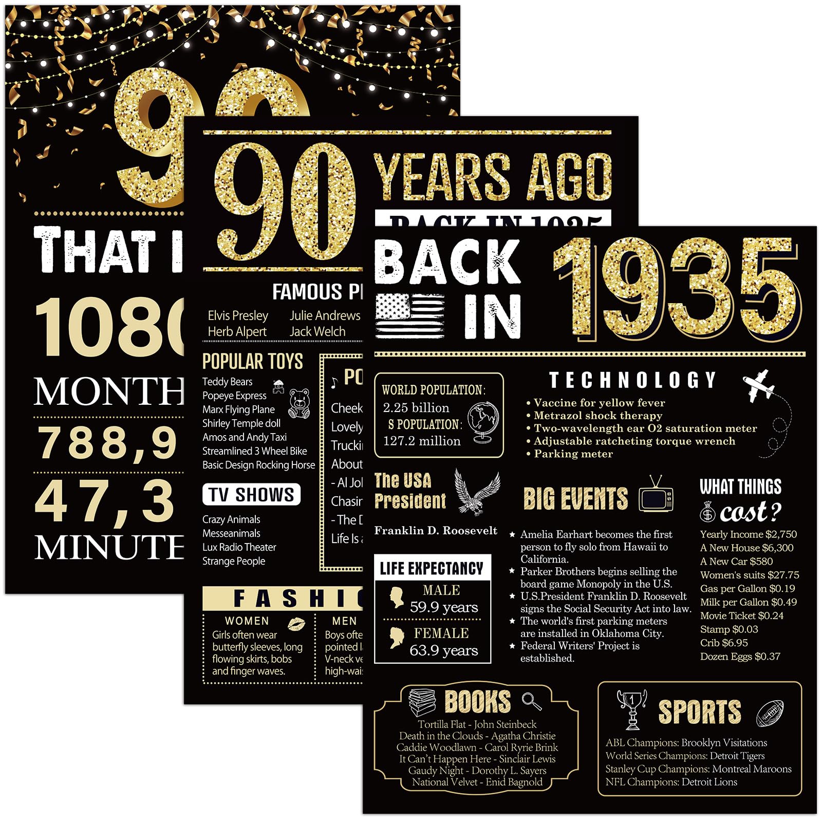 90 Years Ago 90th Birthday Wedding Anniversary Poster 3 Pieces 11 x 14 30s Party Decorations Supplies Large Sign Home Decor Black & Gold Wall Art Prints for Men and Women (Back in 1934-90 Years)