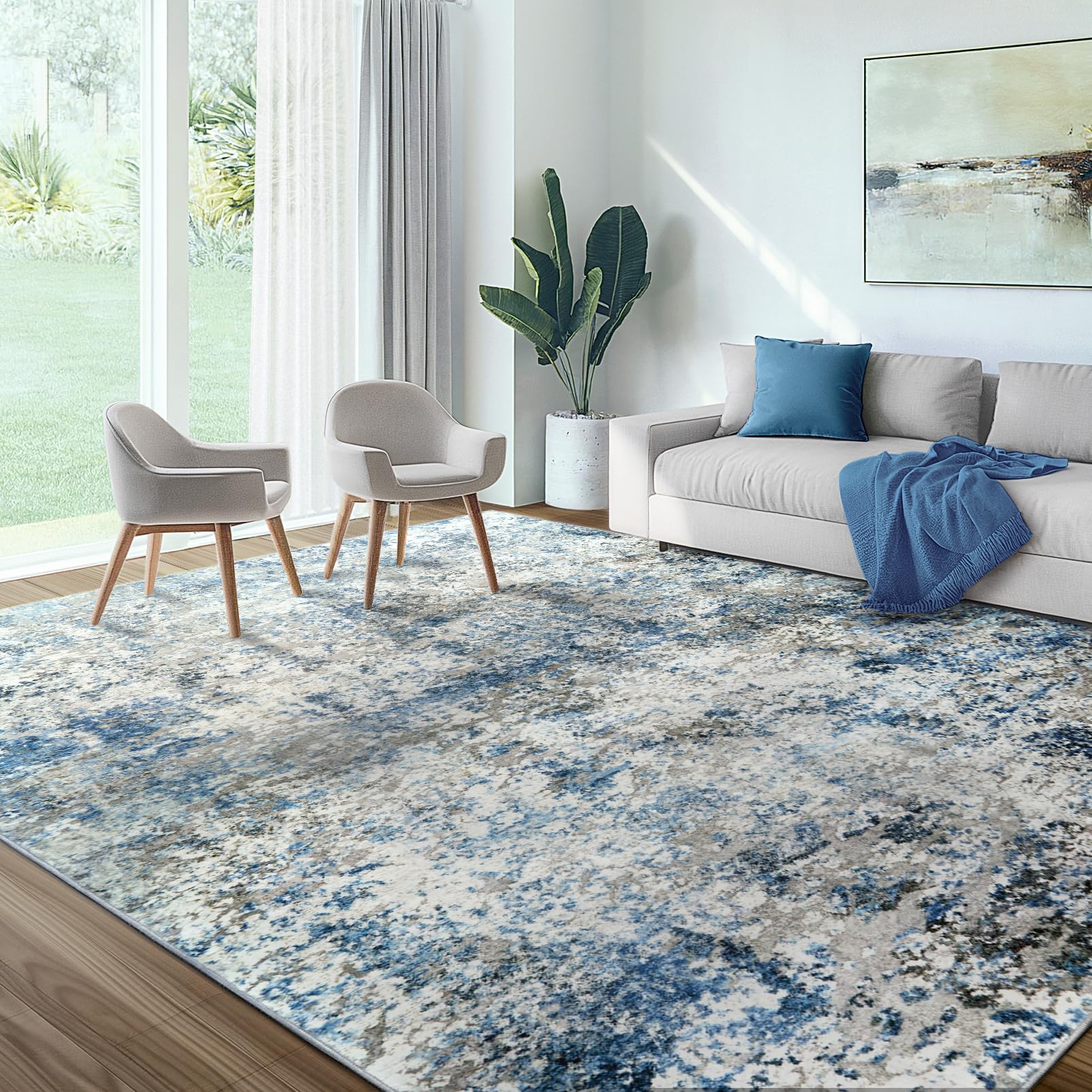 Washable Area Rug for Living Room: 9x12 Modern Abstract Neutral Soft Rug for Bedroom Dining Room No Slip Low Pile Carpet for Nur