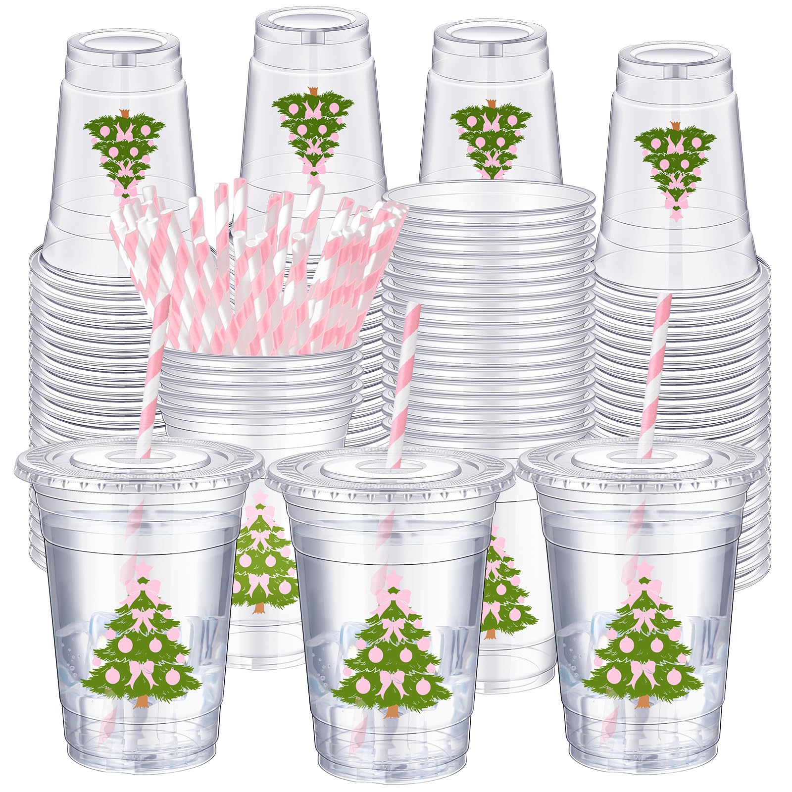 Sliner 50 Pcs 16 oz Coquette Disposable Plastic Cups with Straw for Party Supplies Bow Cup Birthday Wedding Bridal Engagement Dr