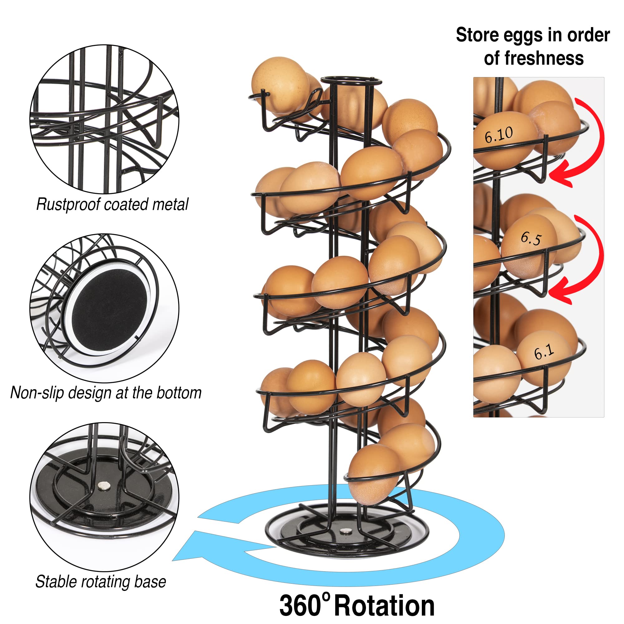 Woodland Acres Rotating Spiral Egg Dispensing Rack, Egg Skelter, Countertop Egg Storage & Display. Includes Matching Egg Collect