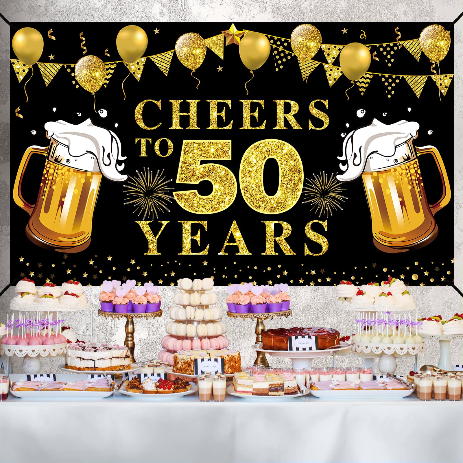 Lnlofen Cheers To 50 Years Banner Backdrop, Black Gold Happy 50Th Birthday Decorations, 50 Anniversary Banner Poster Sign Party