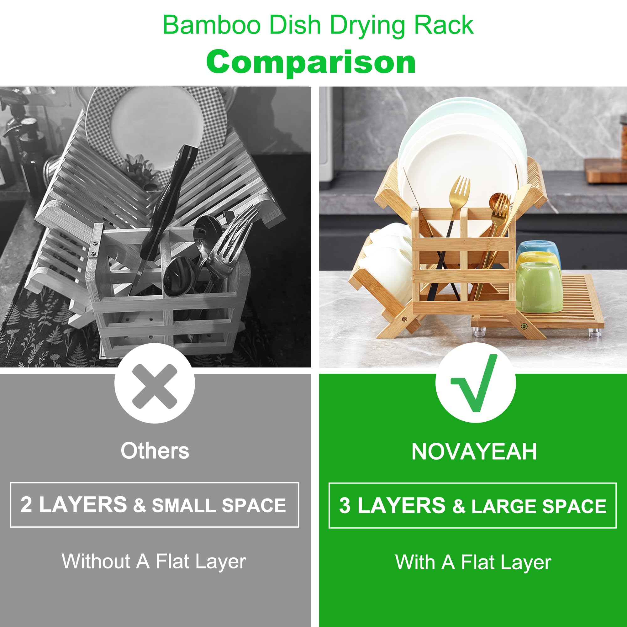 NOVAYEAH Bamboo Dish Drying Rack, 3-Tier Collapsible Utensil Holder, Model DRB01A, Wooden Kitchen Counter Drainer