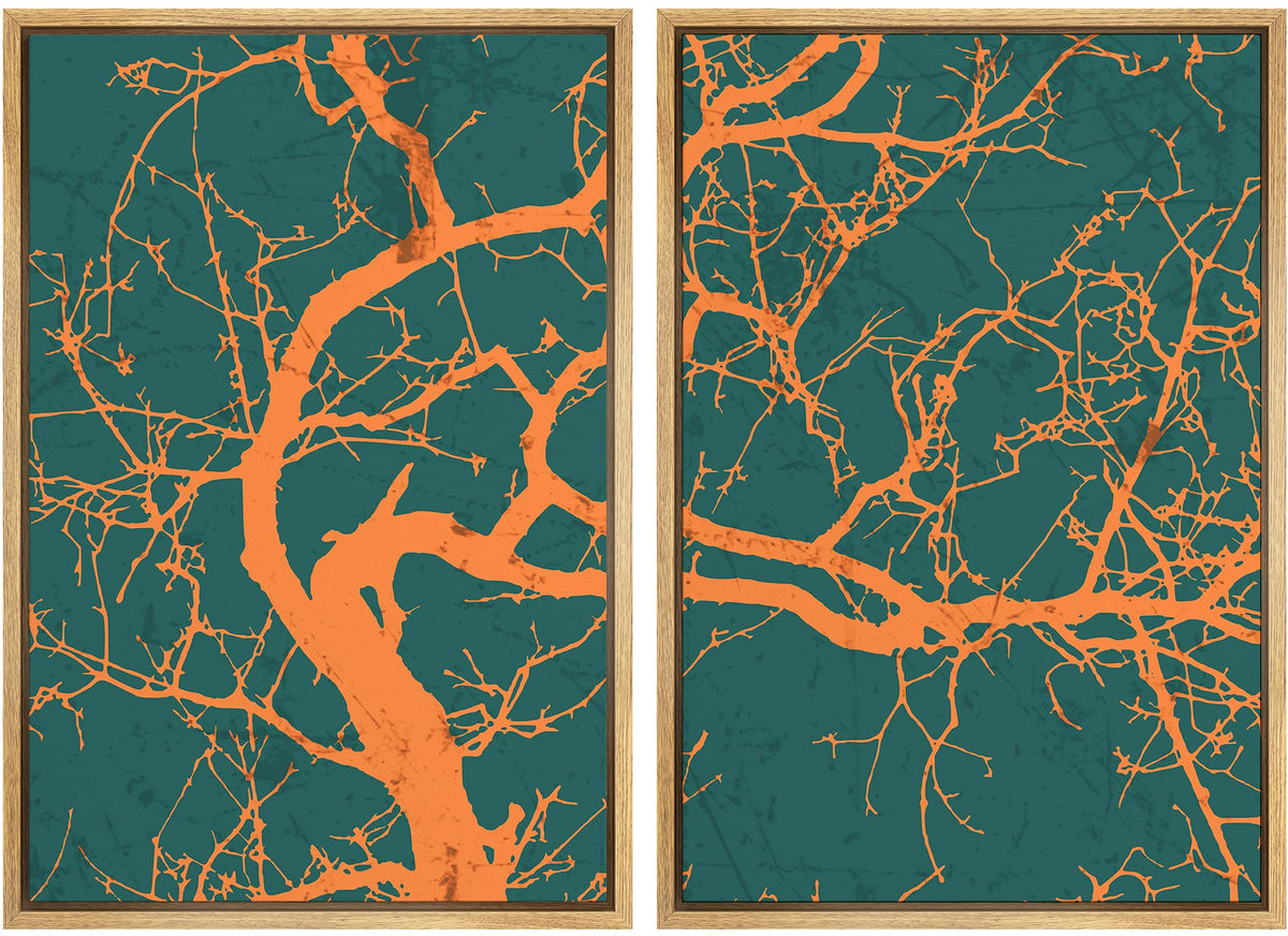 Idea4Wall Framed Canvas Print Wall Art Textured Orange Tree Silhouette On Green Background Nature Plants Digital Art Minimalism