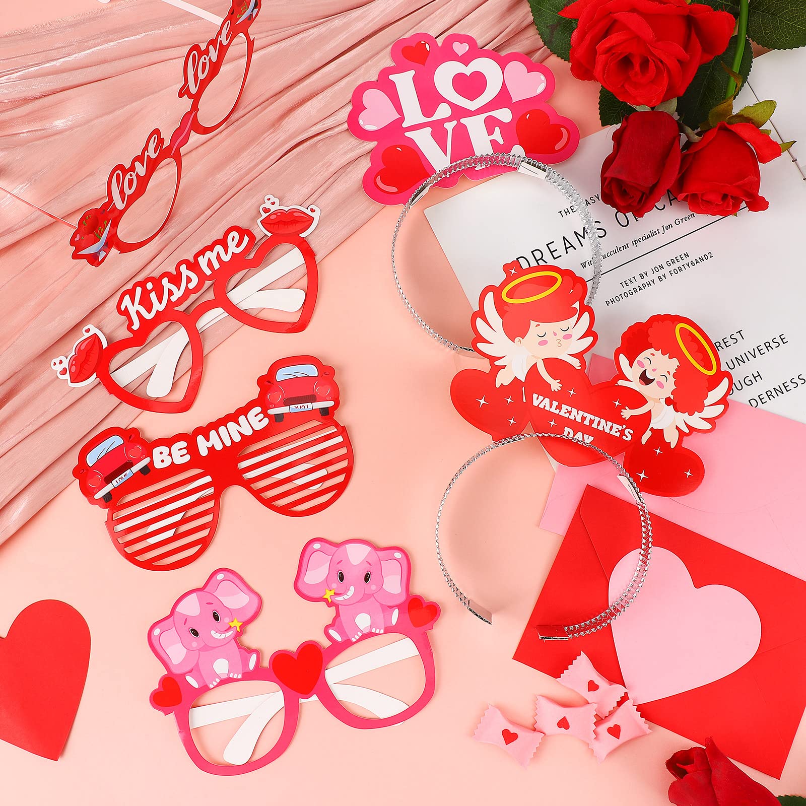 Kingdder 18 Pcs Valentine'S Day Headband And Eyeglasses Set, Valentines Glasses Photo Props Cupid Headband Heart Glasses For Kid