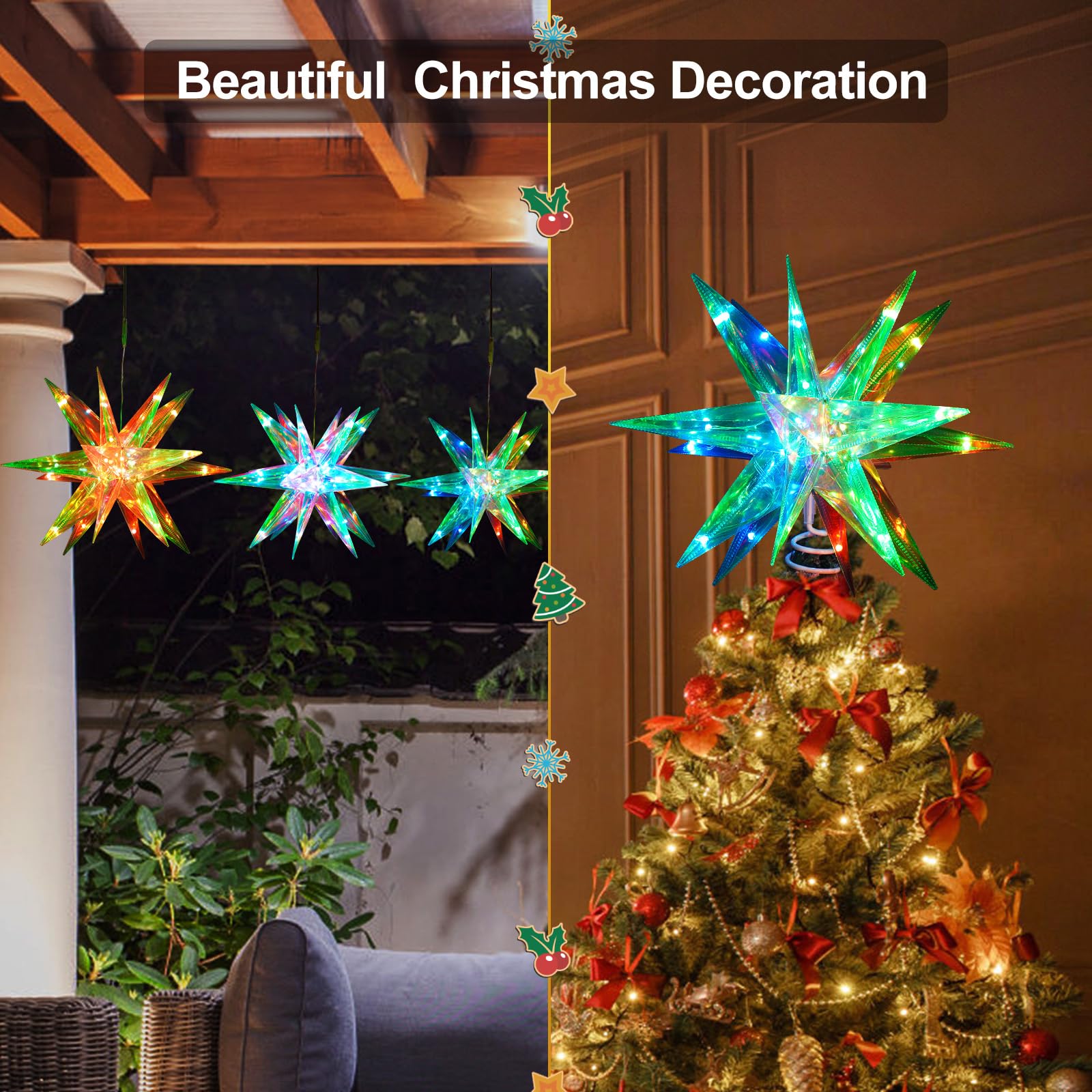Christmas Star Tree Topper, 13.8 Xmas Smart Tree Decorations, Crystal-Like 3D Polygonal Shell, App Control LED Christmas Light,