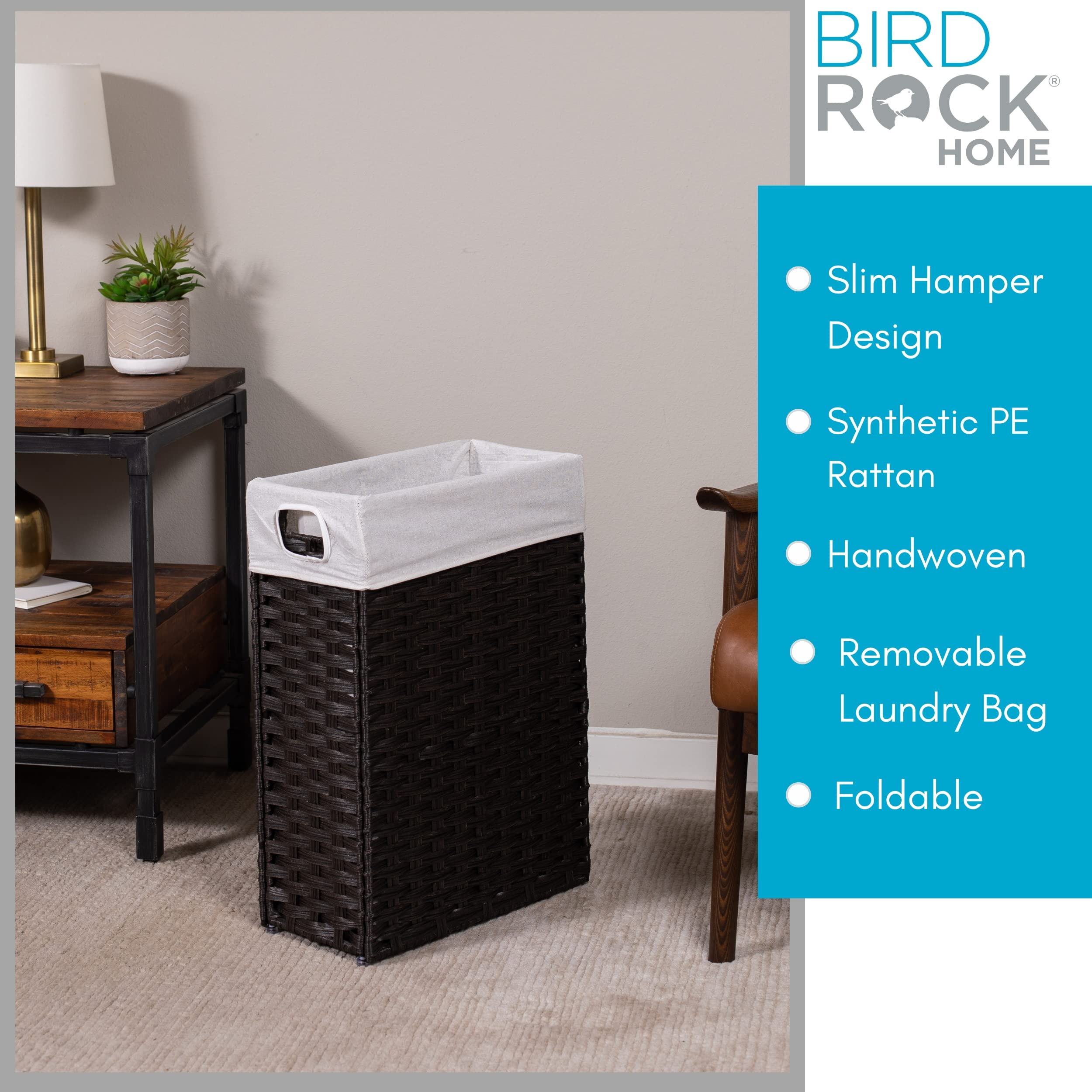Birdrock Home 22'' Slim Laundry Hamper With Removable Liner Bag | Brown | Handwoven | Compact Collapsible Clothes Basket | Synth