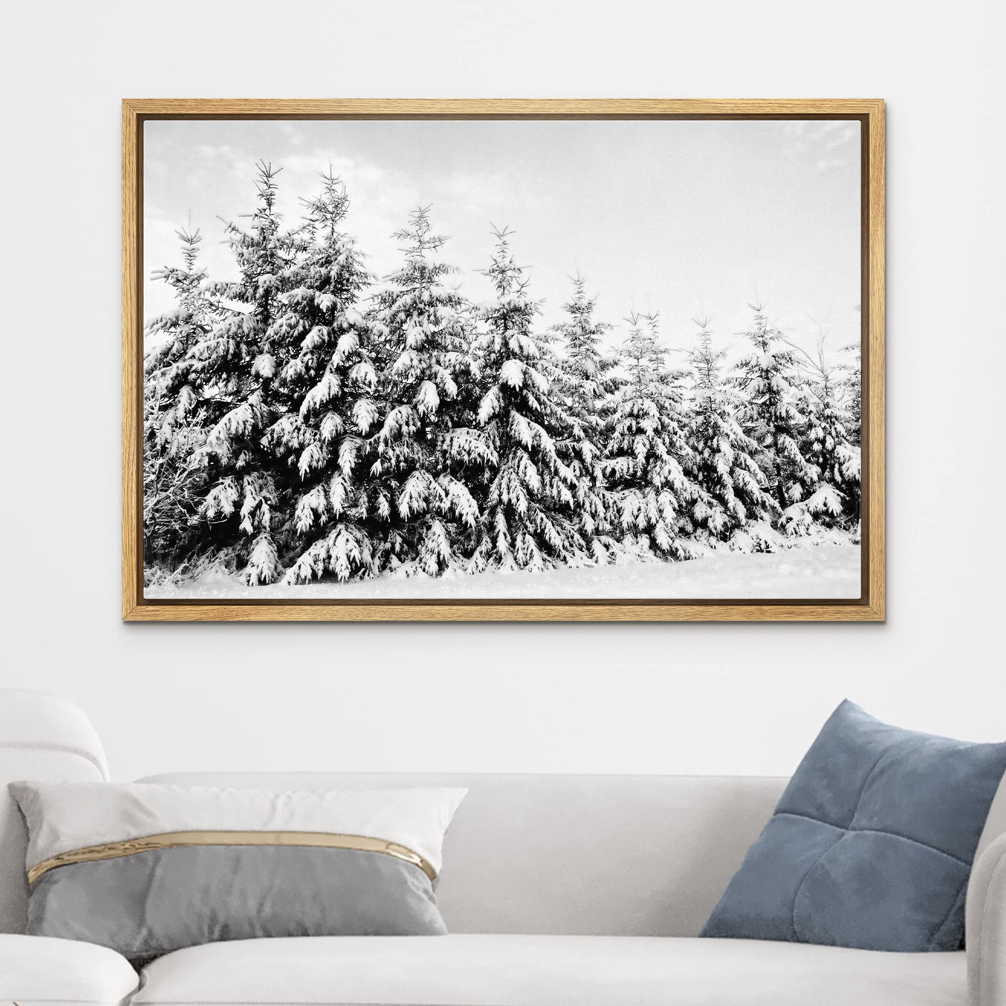 wall26 Framed Canvas Print Wall Art Snow Covered Trees in The Winter Forest Floral Nature Photography Realism Expressive Dark Black and White for Living Room  Bedroom  Office - 16''x24'' Natural