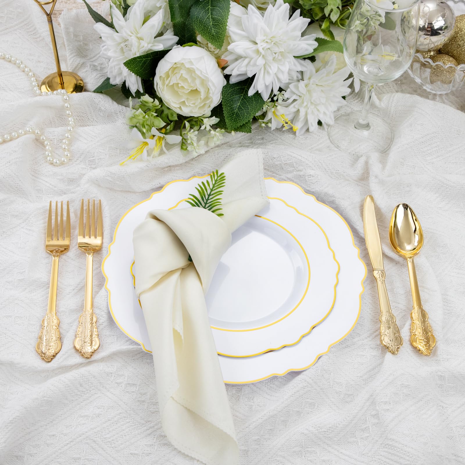 Liacere 350Pcs Gold Plastic Plates-Disposable White And Gold Plates 50Guest Baroque Plastic Dinnerware Include 100Plates, 50Pack