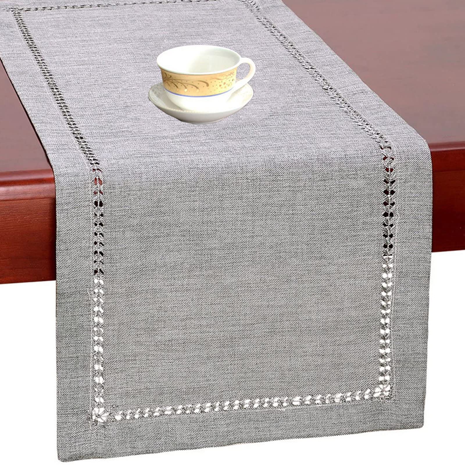 Arksu Handmade Hemstitch Polyester Table Runner Hollow Simple And Farmhouse Style For Everyday Dining Wedding Party Holiday Home