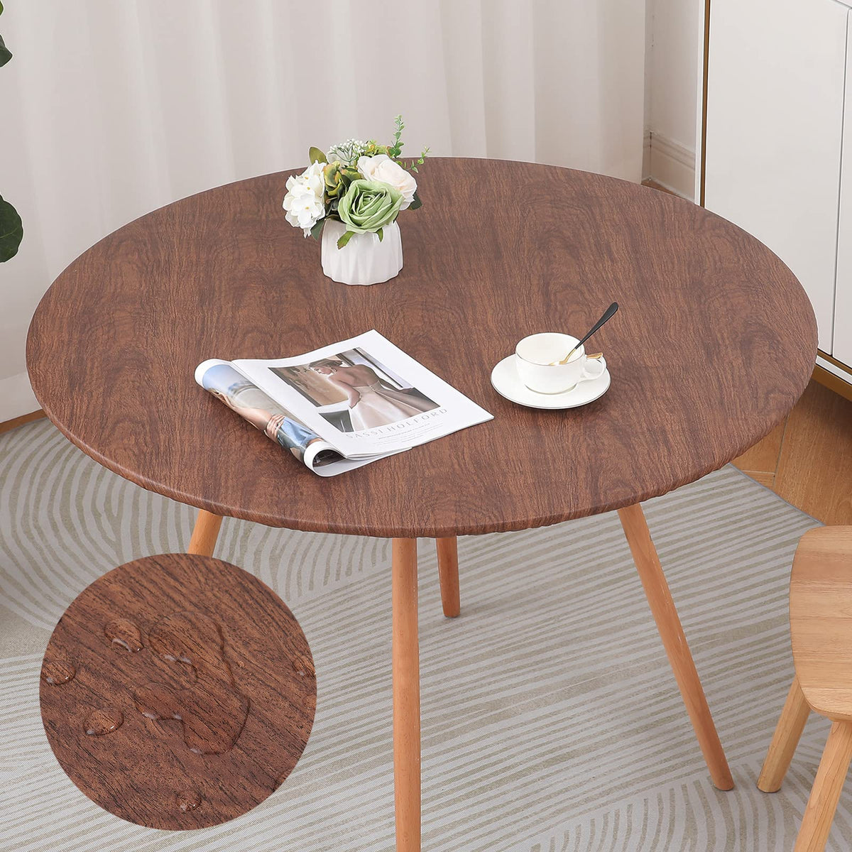Misaya Round Tablecloth With Elastic Edge, 100% Waterproof Oil Proof Plastic Table Cover, Vinyl Flannel Backed Table Cloth Fits