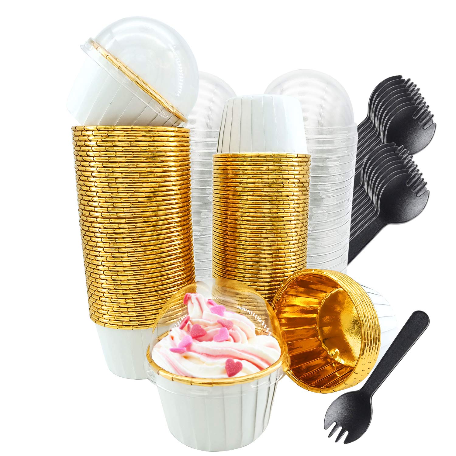 Cupcake Liners with Dome Lids 100Pack, Free-Air 3.5Oz Mini Foil Baking Cups Muffin Liners, Disposable Ramekins Cupcake Tins Cupc