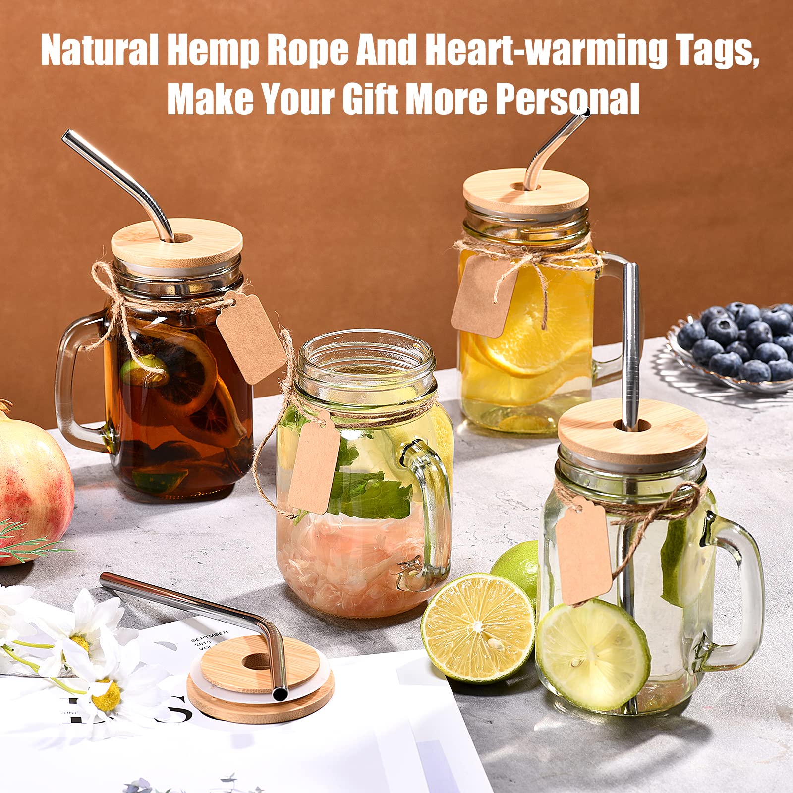 TANGLONG 16 oz Mason Jars with Handle, Glass Drinking Cups Set of 12, Clear, with Lids and Straws