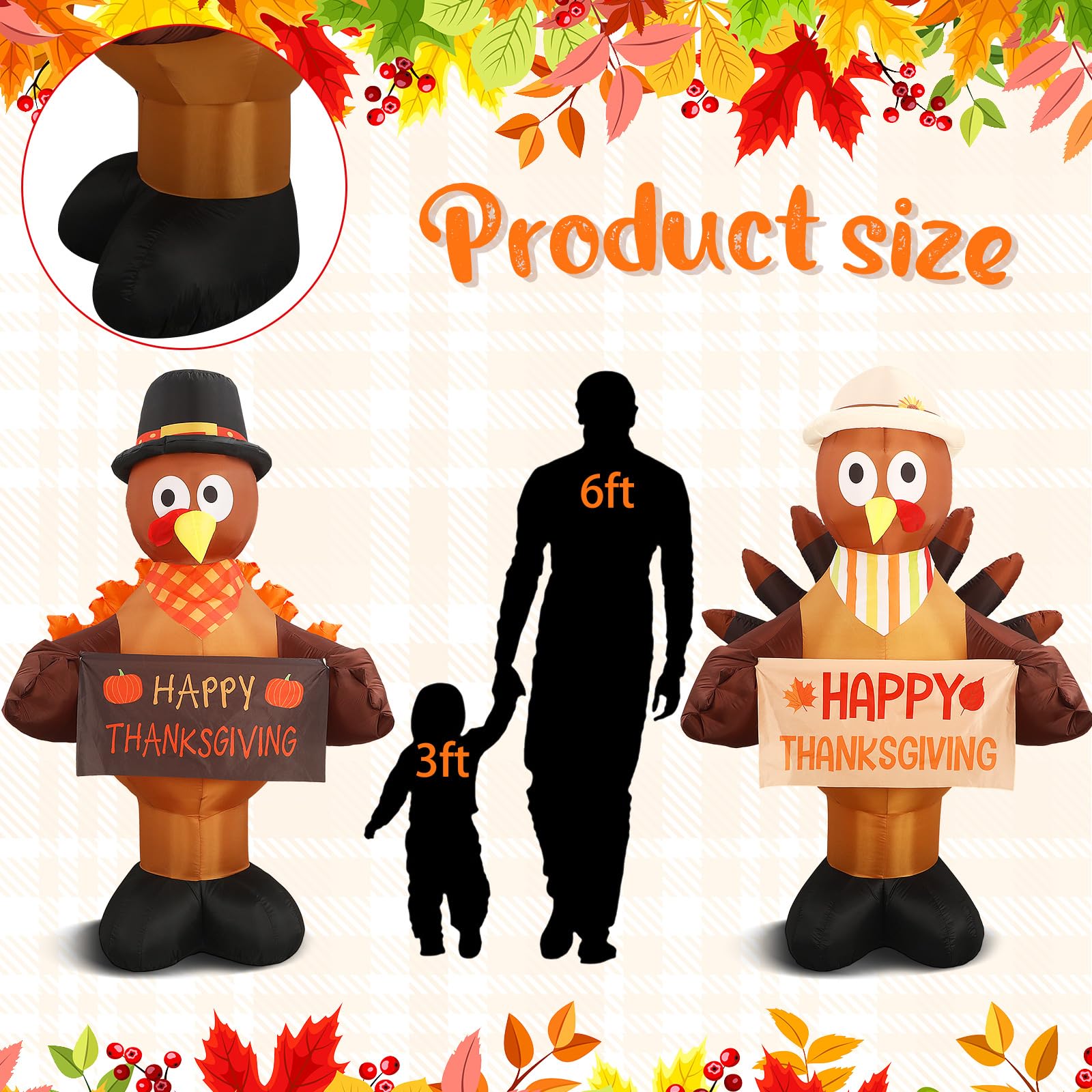 2 Pack 6ft Thanksgiving Inflatables Turkey Outdoor Decoration Thanksgiving Turkey Blow Ups for Outside with Built-in LEDs Inflat