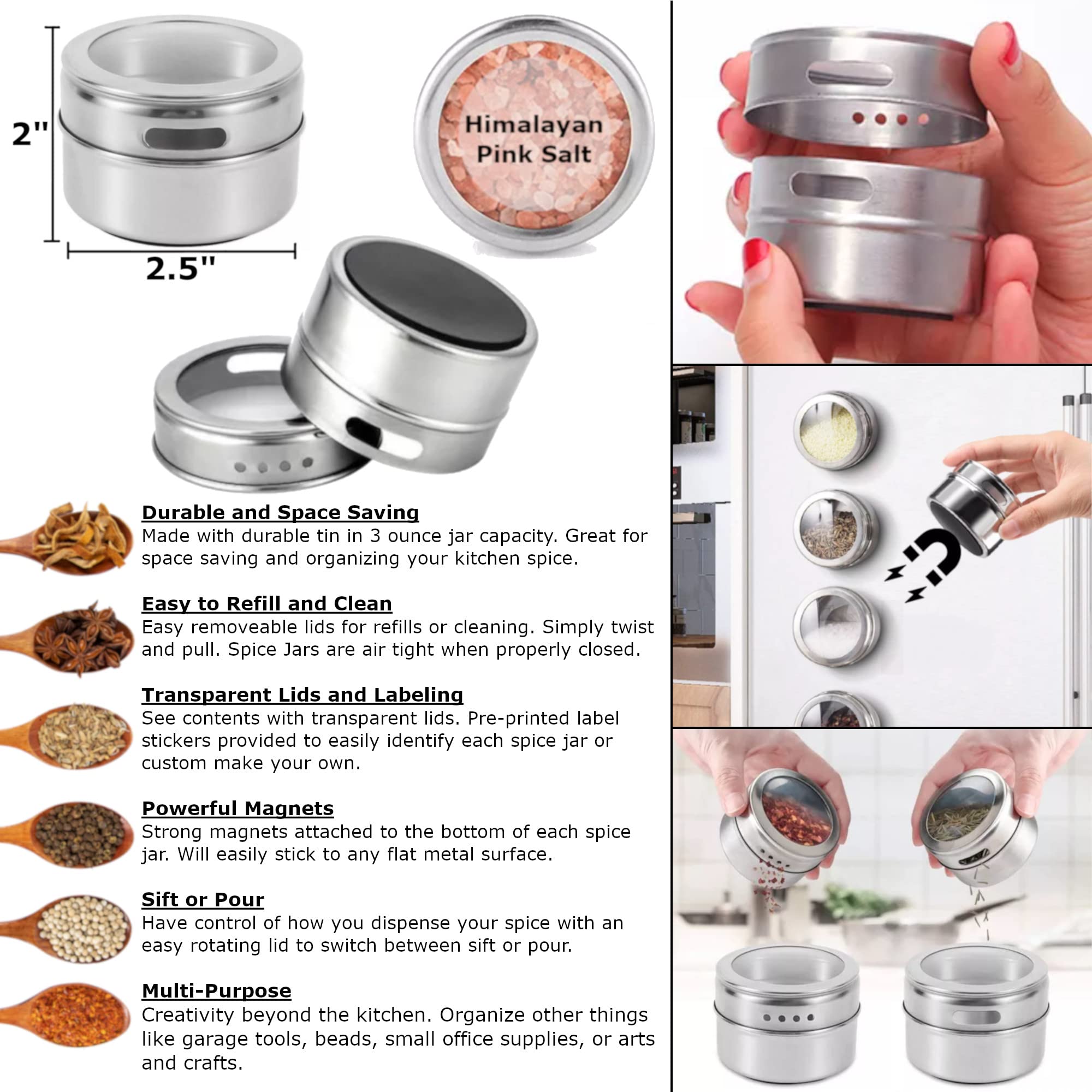 CMS MAGNETICS - (12-Pack Tin Jars Multi-Purpose Magnetic Container Organizer for DYI Craft Supplies  Tools  Paperclips  Office Supplies  and Spices for the Kitchen Refrigerator with Label Stickers