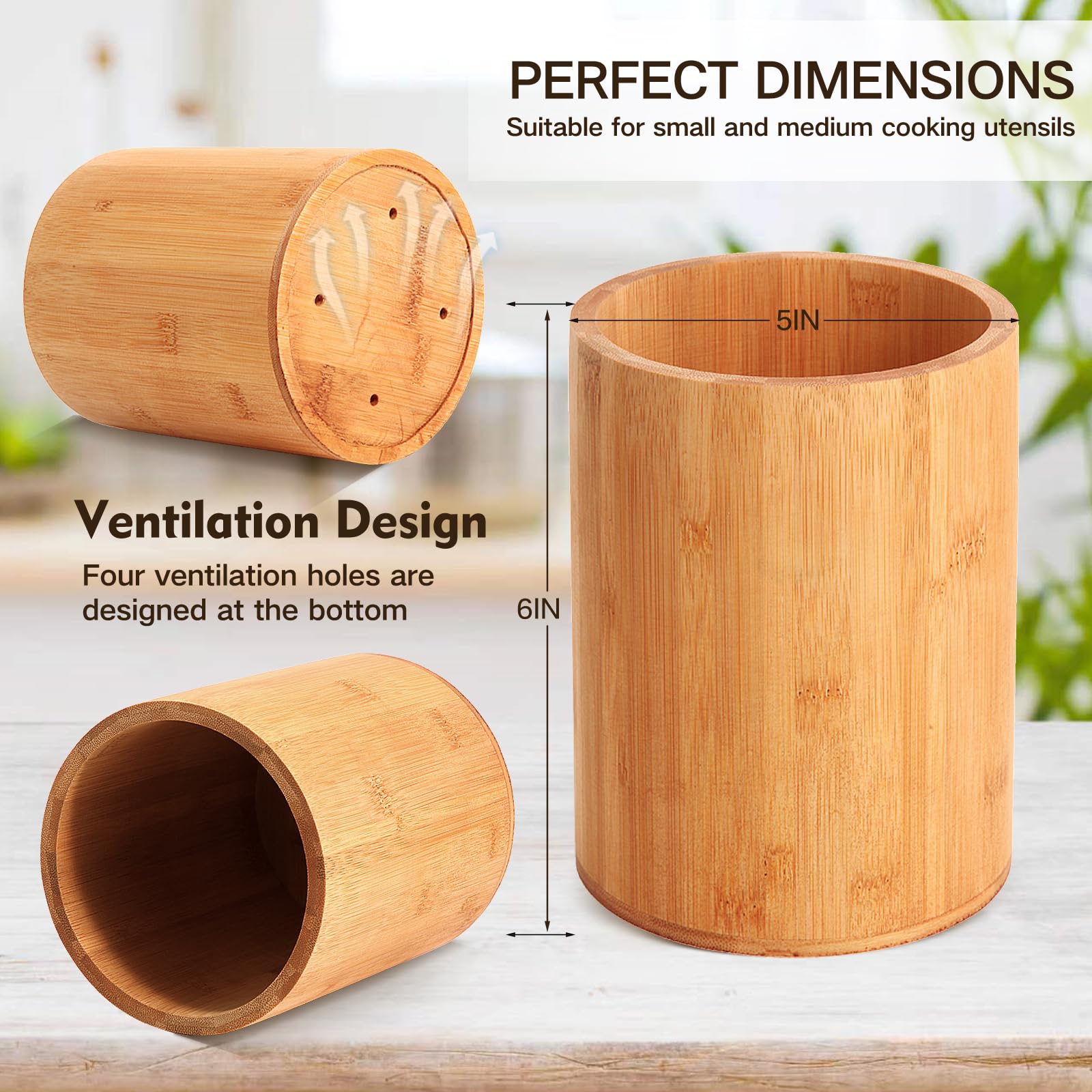 Bamboo Utensil Holder, Large Utensil Holders For Kitchen Counter, Bamboo Spoon And Chopstick Holder For Kitchen Decor, Flatware