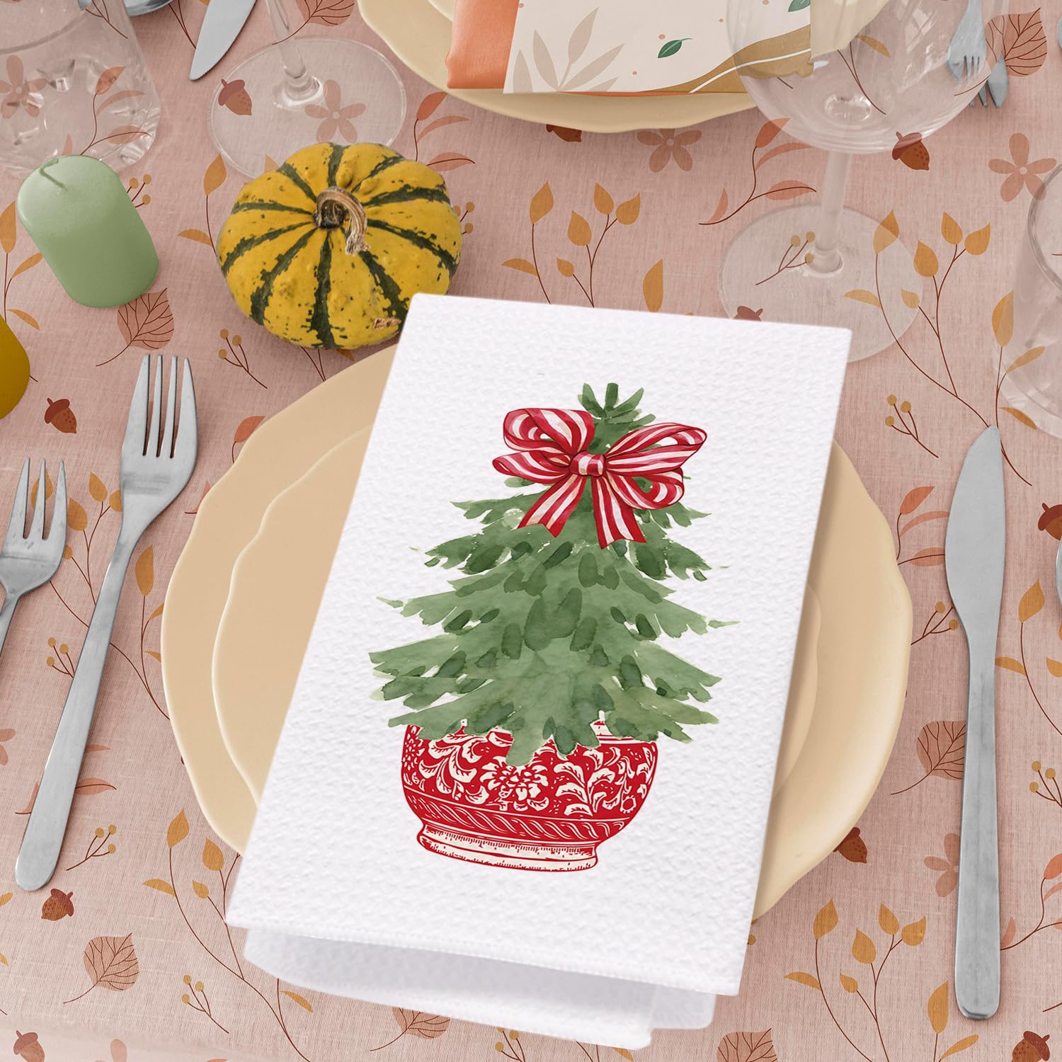 Chinoiserie Christmas Tree Kitchen Towels, Christmas Red Stripe Bow Decorative Hand Towels For Bathroom, Christmas Dish Towels F