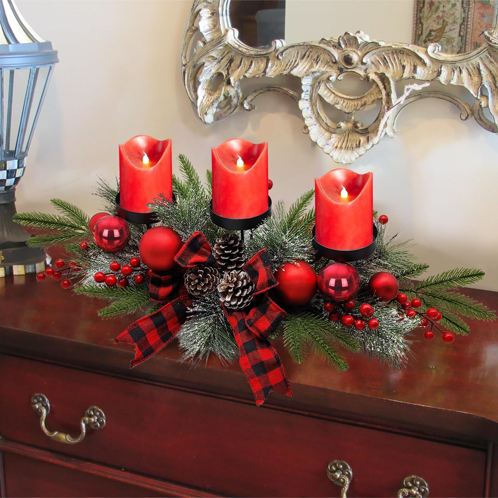 Christmas Table Centerpieces Decorations, 27.5 Inch Designed with Golden Bowknot Baubles Ornaments, Artificial Golden Berries an