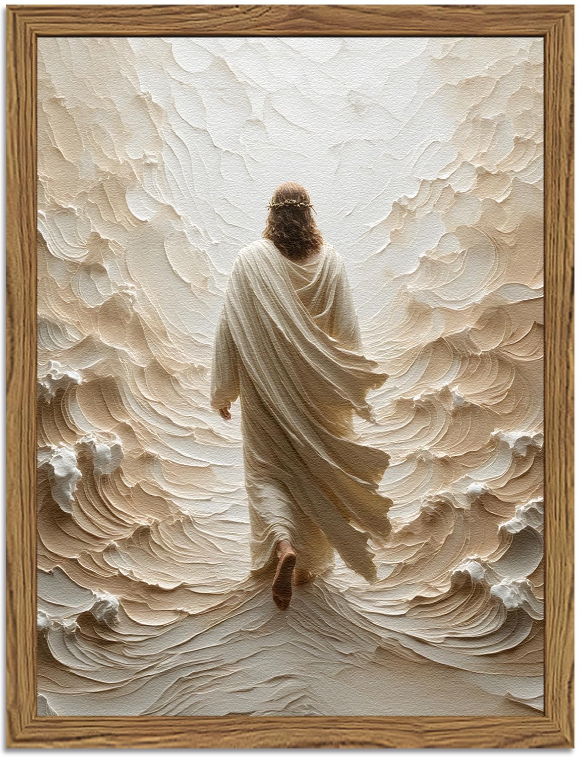 Jesus Walking On Water Wall Art, Frame 3D Textured Hand Drawn Sandstone Christian Wall Decor Paintings, Religious Spiritual Pict