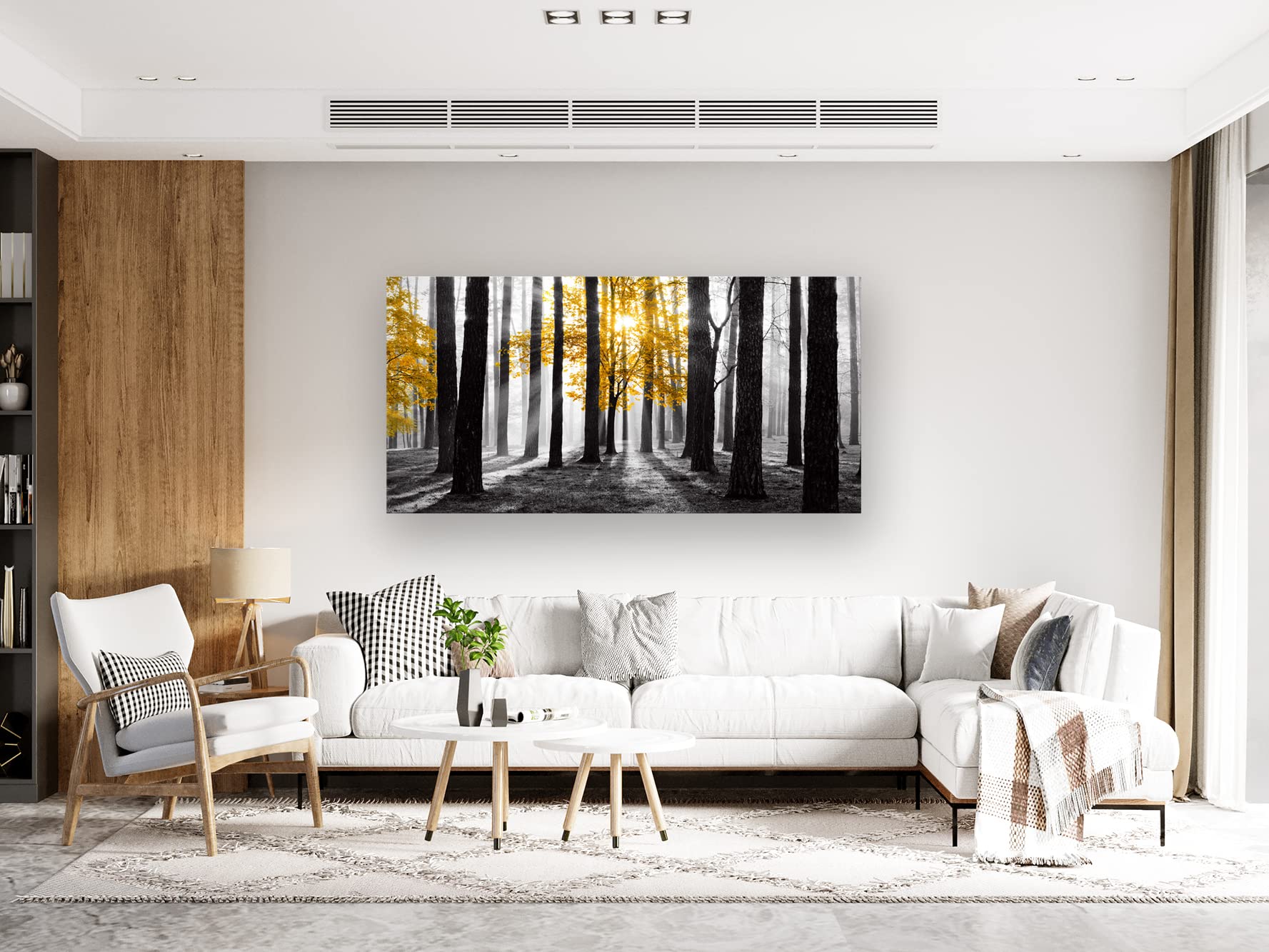 Cao Gen Decor Art S06362 Wall Art Canvas Painting Yellow Tree in Black and White Sunshine Foggy Forest Picture Poster Print Framed Ready to Hang for Living Room Bedroom Office Home Decor