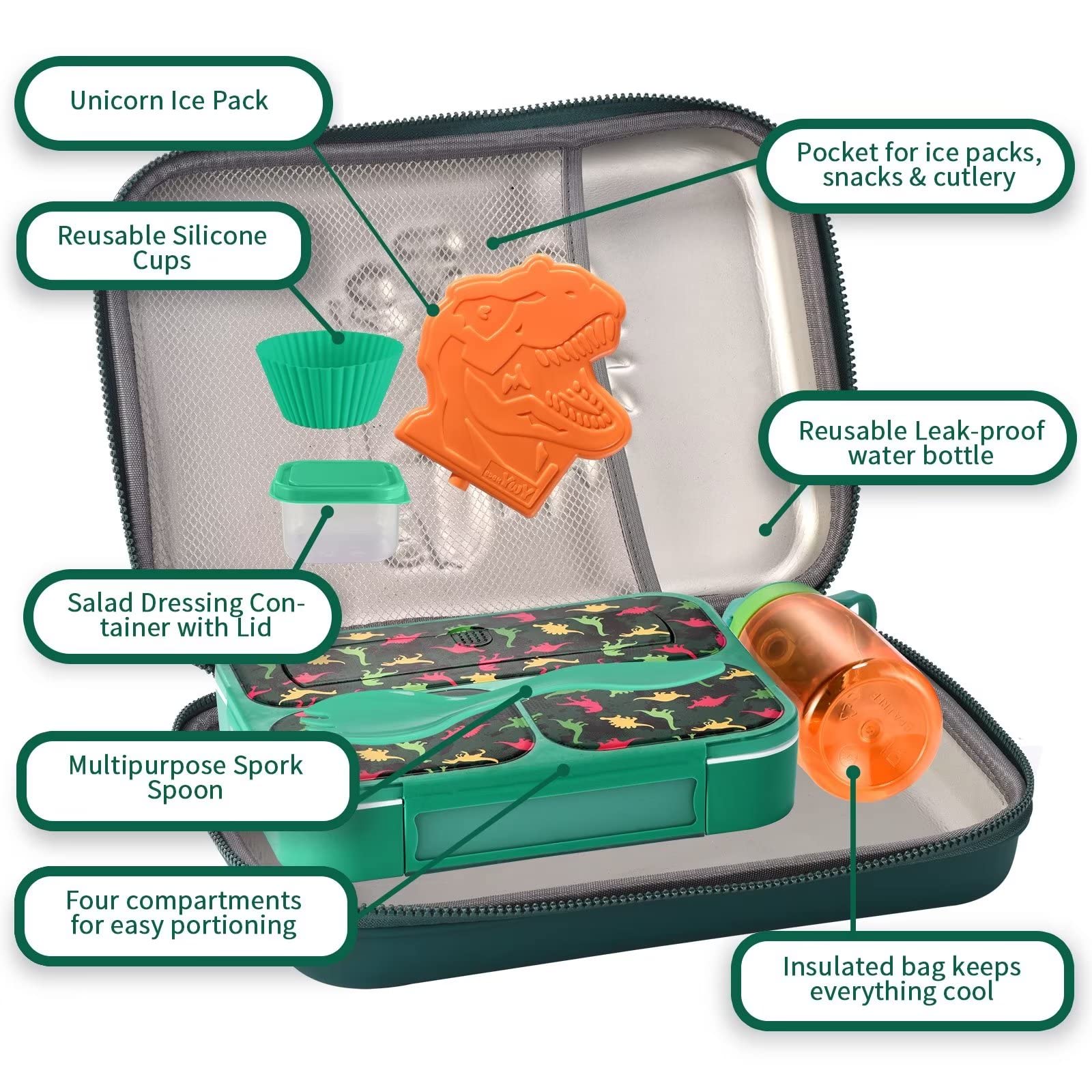 Bdbkywy Dinosaur-Themed Boys Lunch Box Set - Durable, Leakproof, Reusable Complete Lunch Kit For School