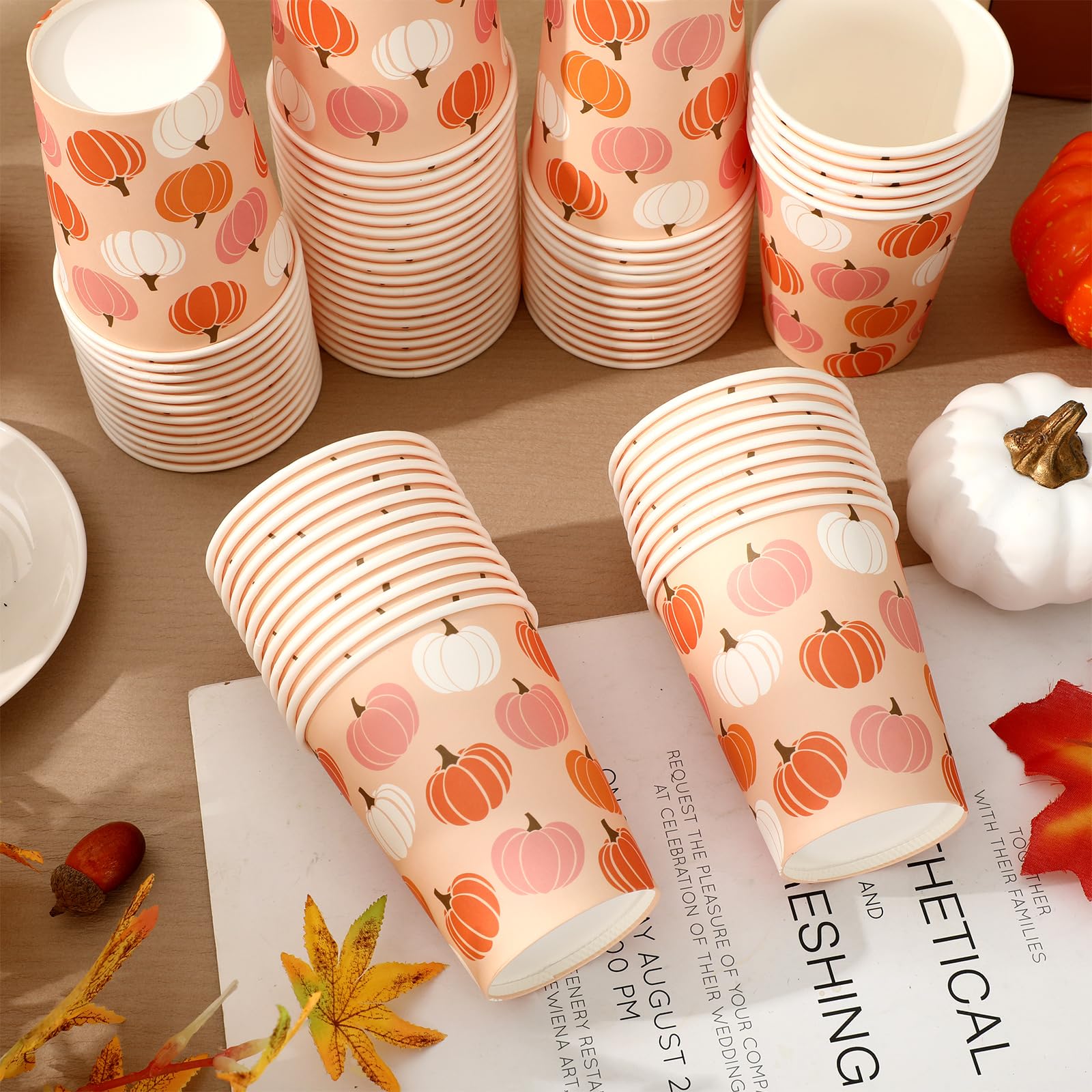 FYSUIMU 100Pcs Fall Paper Cups 9oz Pink Orange Pumpkin Drinking Cup A Little Pumpkin Disposable Cups for Autumn Thanksgiving Tab