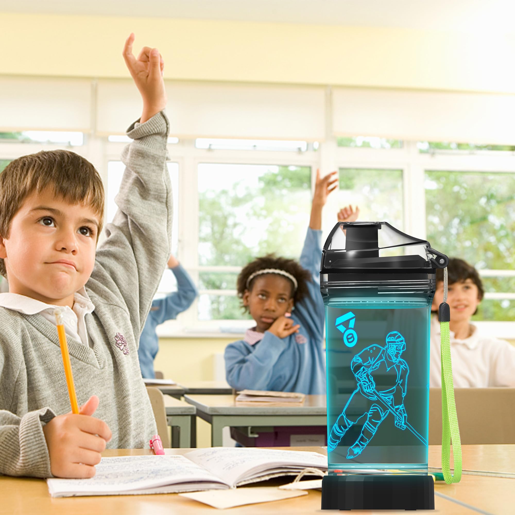 CoolGift Mart Hockey Gifts, Light Up 3D Hockey Player Water Bottle, 14oz Tritan BPA Free - Best Gift for 4 5 6 7-Year-Old Boys G