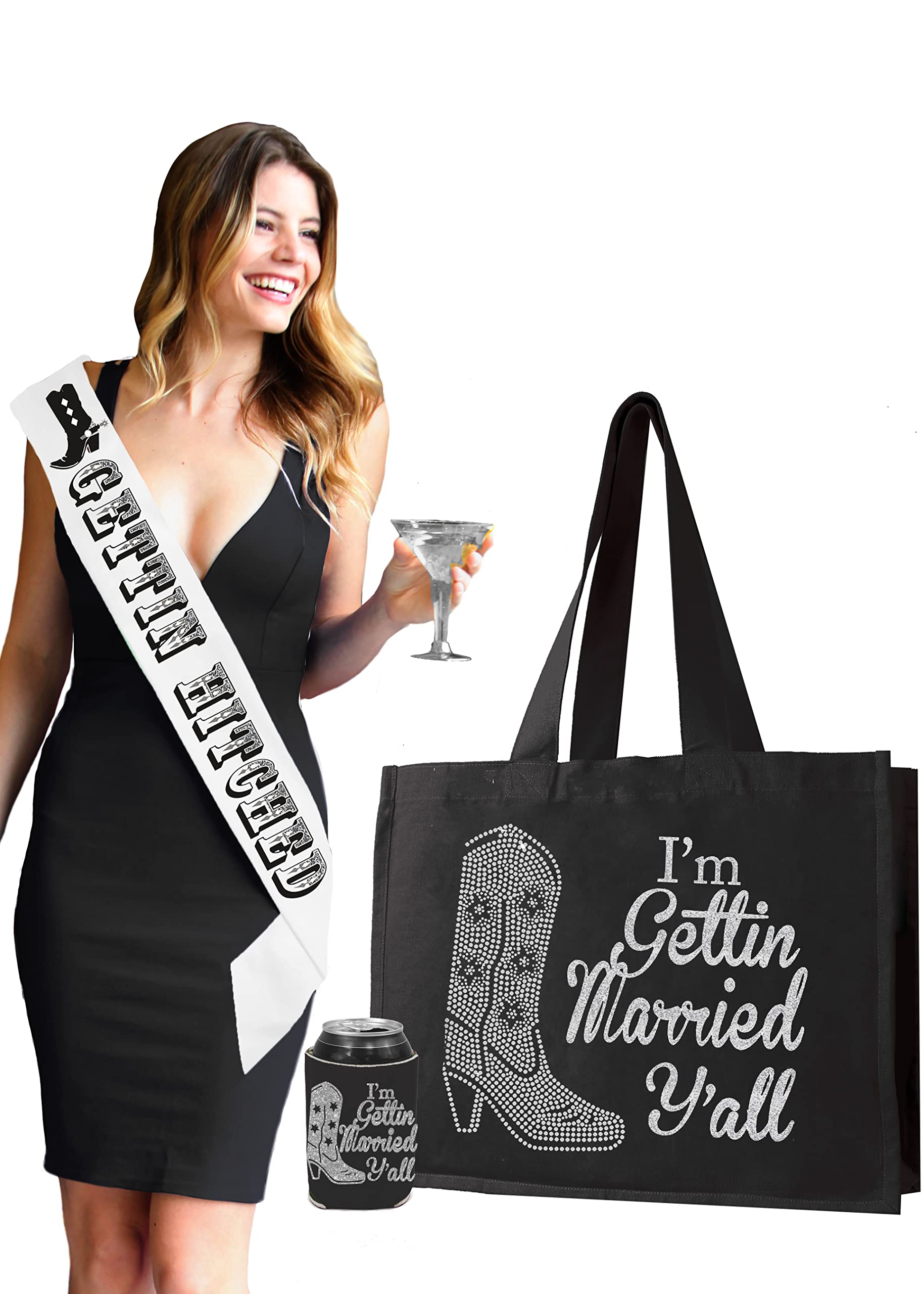 Country Western Bachelorette Gifts - Set Of 3: Silver Glitter Gettin Hitched White Satin Sash, Silver Rhinestone I'M Gettin Marr