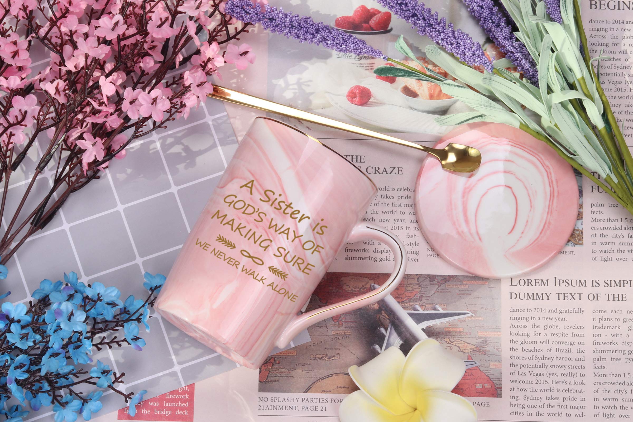 Pink Coffee Mug with Box Spoon Coaster A Sister Is Gods Way of Making Sure We Never Walk Alone Coffee Cup Birthday Gifts for Sister In Law from Sister Brother Sister Sis 14 Ounce