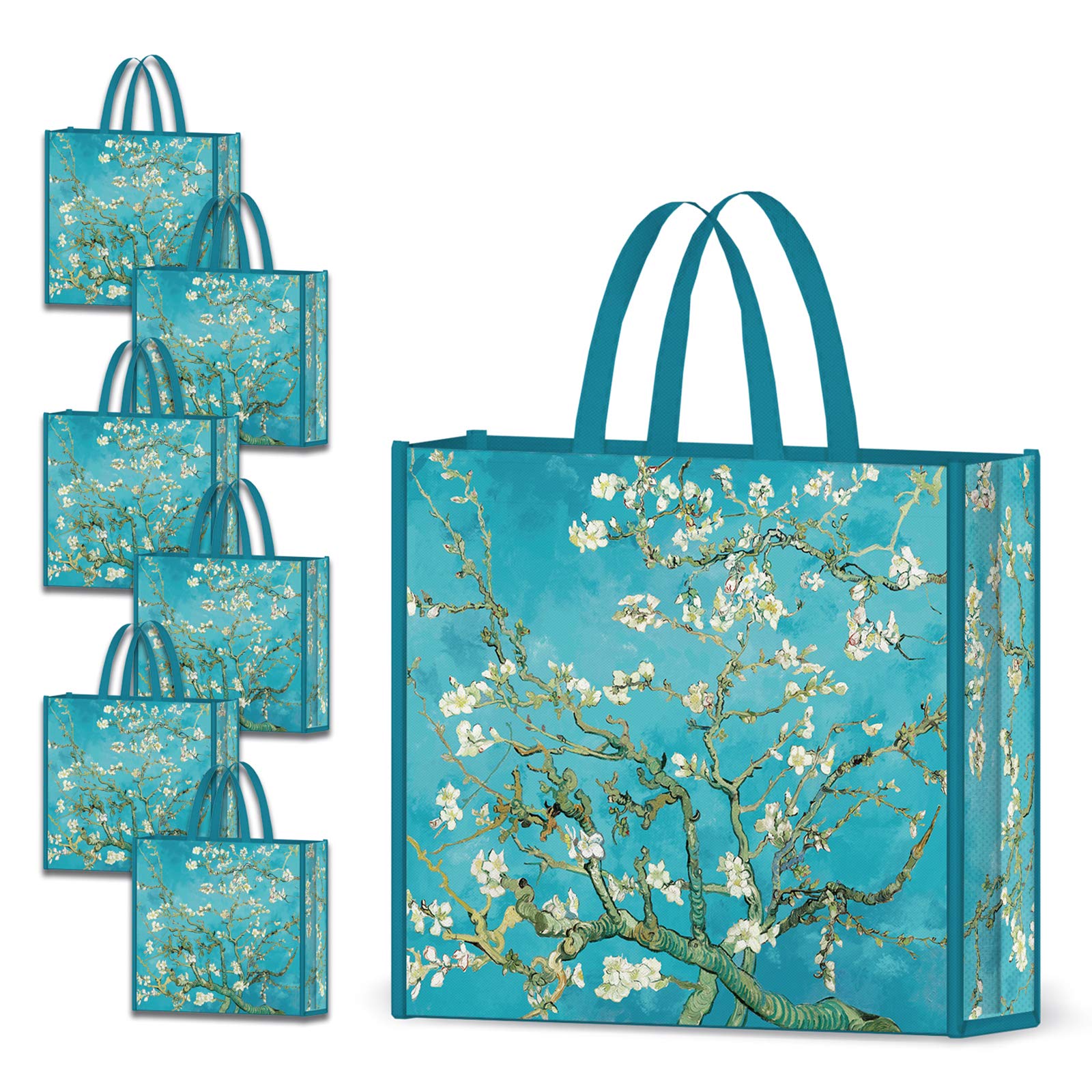 Nymphfable 6 Pack Grocery Bags Reusable Almond Blossoms Shopping Bags Waterproof Tote Bag Gift Bags 50Lbs
