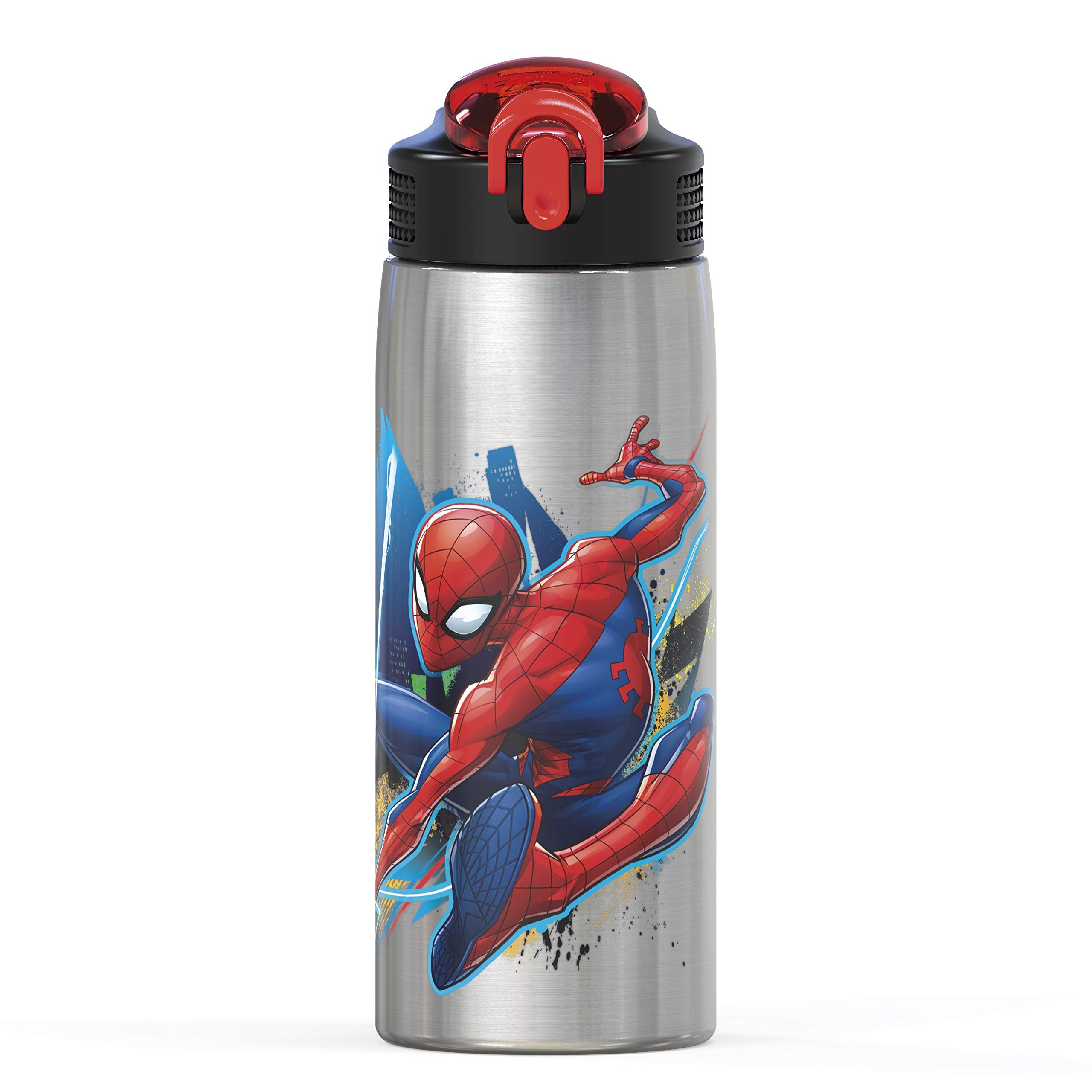 Zak Designs 27Oz Marvel 18/8 Single Wall Stainless Steel Water Bottle With Flip-Up Straw And Locking Spout Cover, Durable Cup Fo