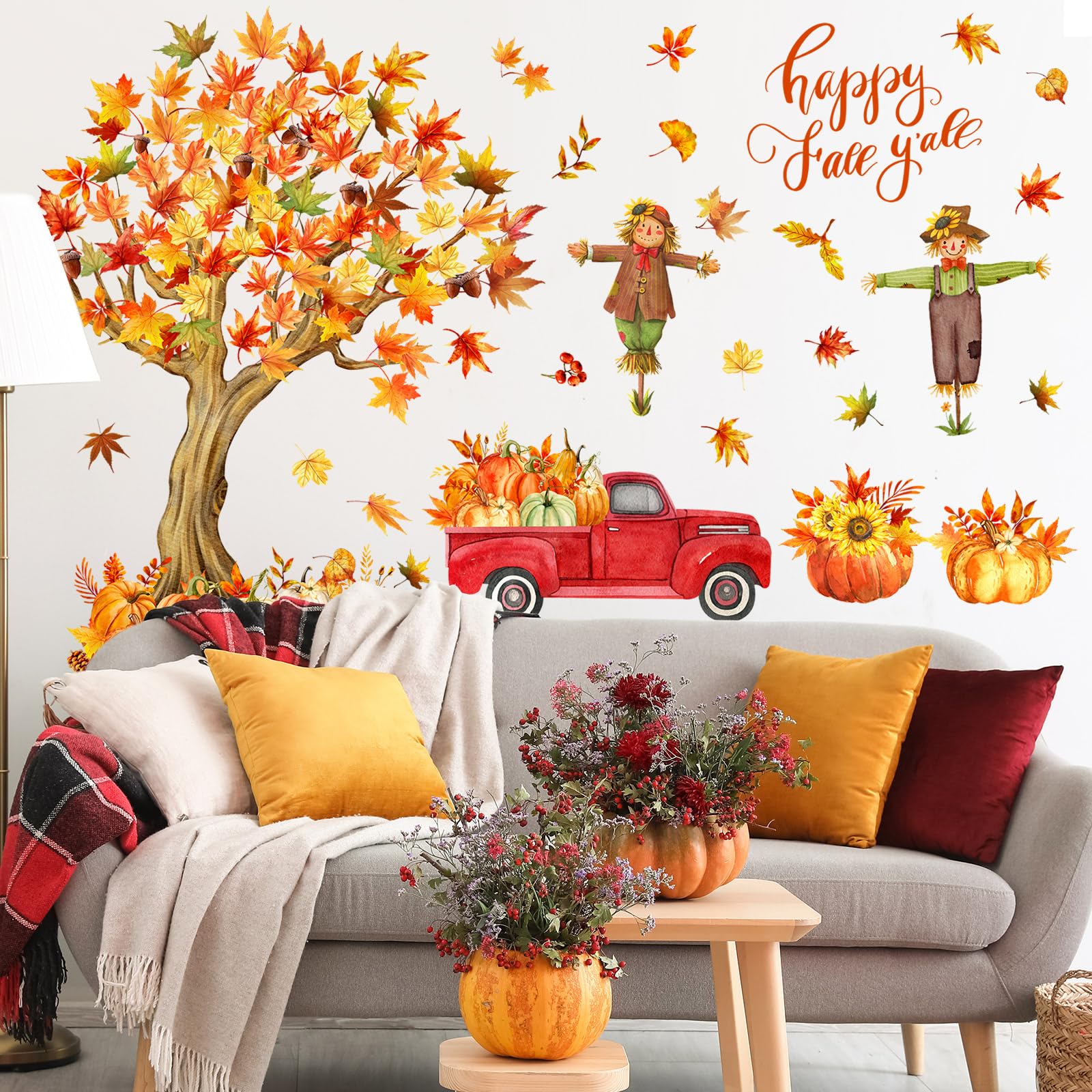 Resurhang Fall Maple Leaves Wall Decals Fall Tree Scarecrow Pumpkin Truck Wall Decor Sticker Thanksgiving Removable Fall Leaves