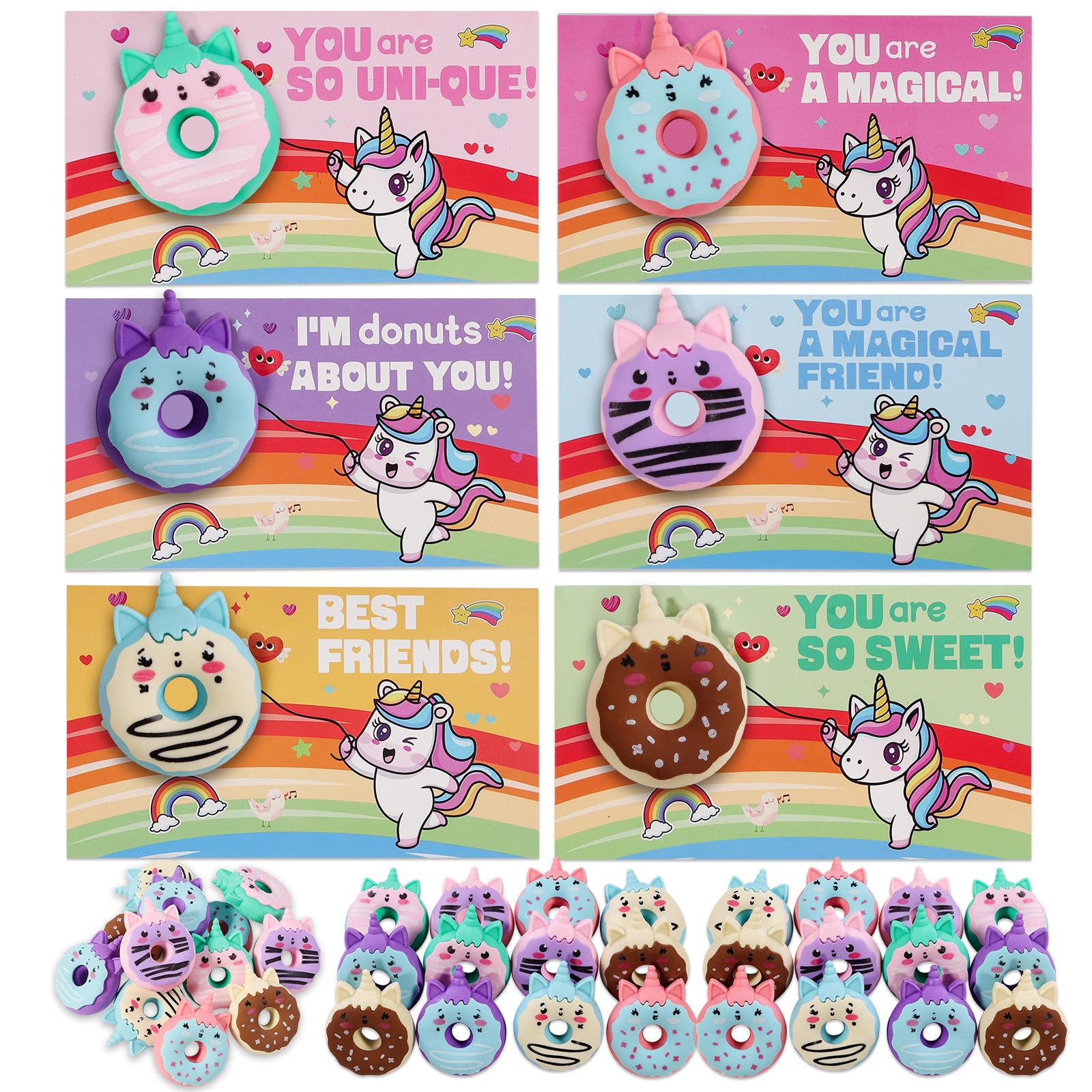 Smiletop Valentines Day Cards For Kids School - 30 Pack Donut Erasers With Valentines Cards For Kids Classroom - Valentines Day