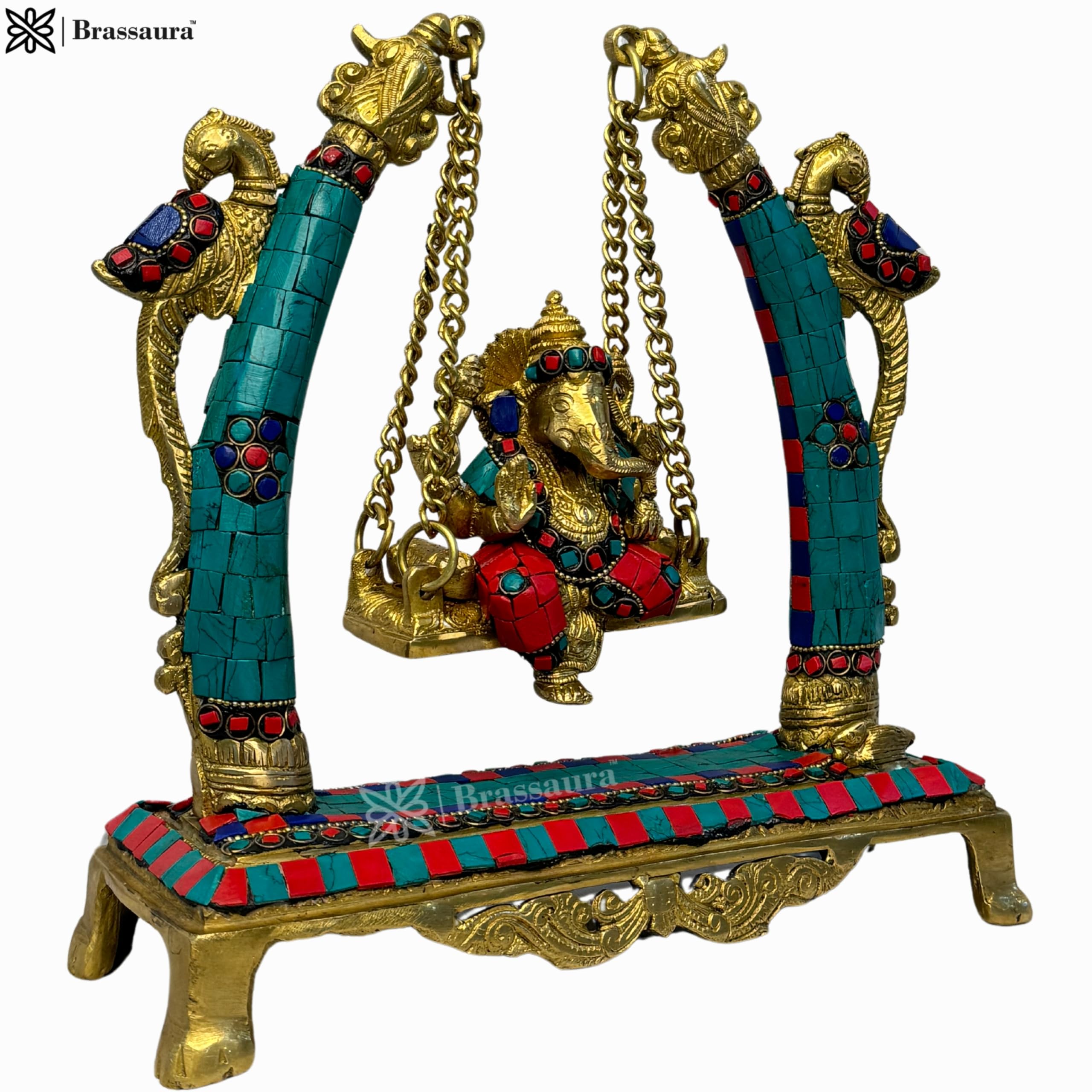 Brassaura Brass Gem Stone Work Ganesha Jhula Statue For Home And Decor Brass Ganesh Murti For Pooja Room Ganpati Idol For Home E