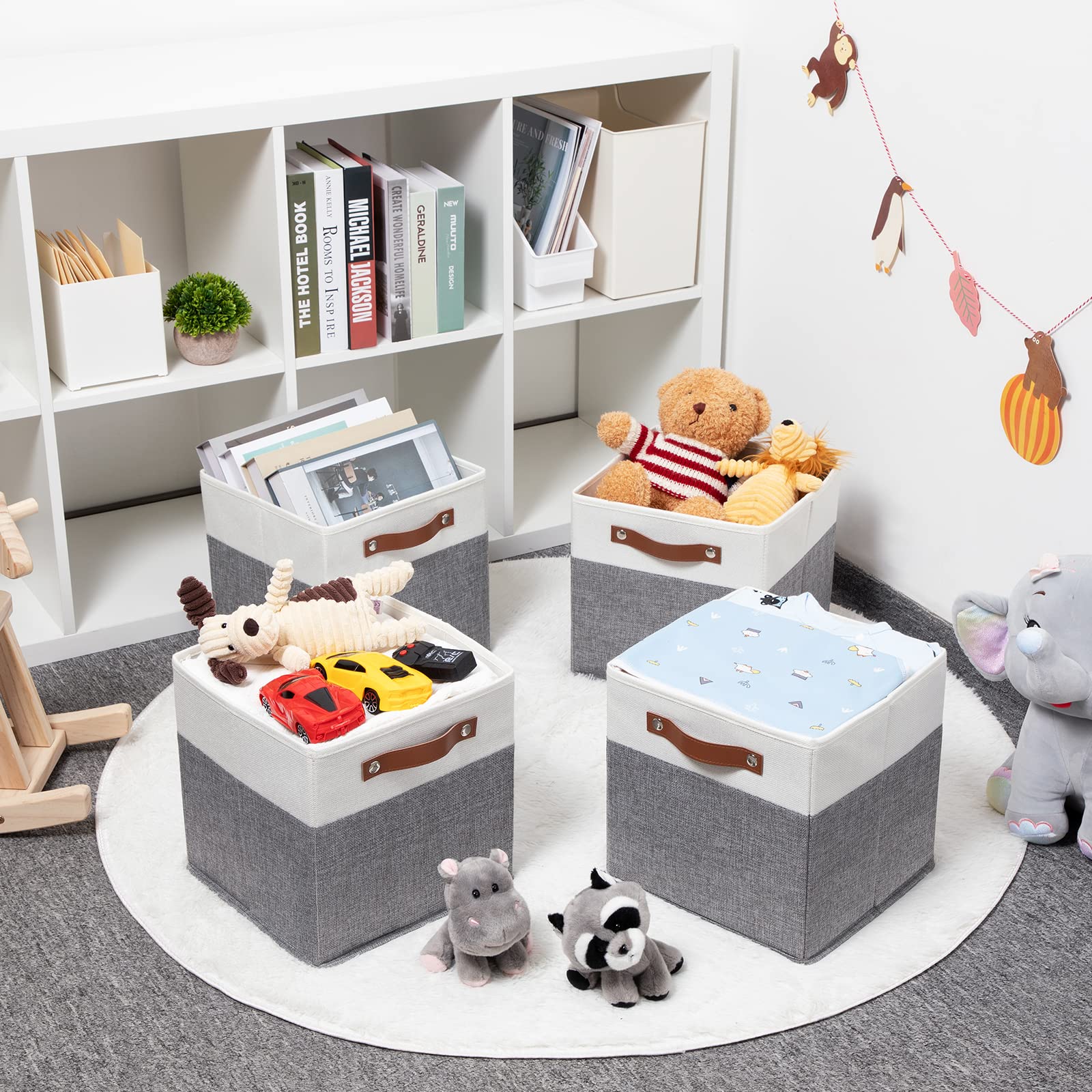 HNZIGE Fabric Cube Storage Bins Baskets 11x11 Cube Storage Bins  Set of 4  Foldable Storage Cube Bin Baskets for Shelves with Handles  Bins for Cube Organizer Home Toy Nursery Closet(White Gray)