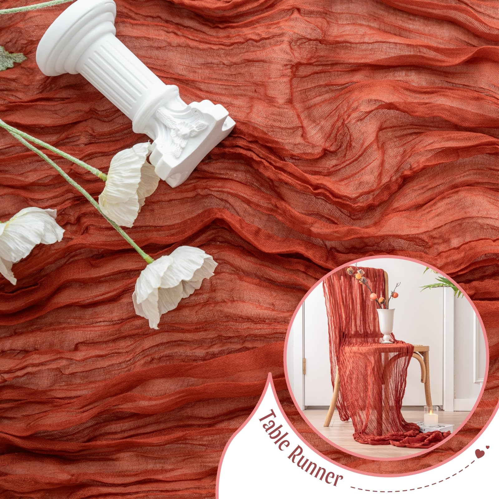 Sioloc 1 Pack Terracotta Cheesecloth Table Runner,10Ft Rust Cheesecloth Table Runner,Boho Gauze Table Runner For Wedding Bridal