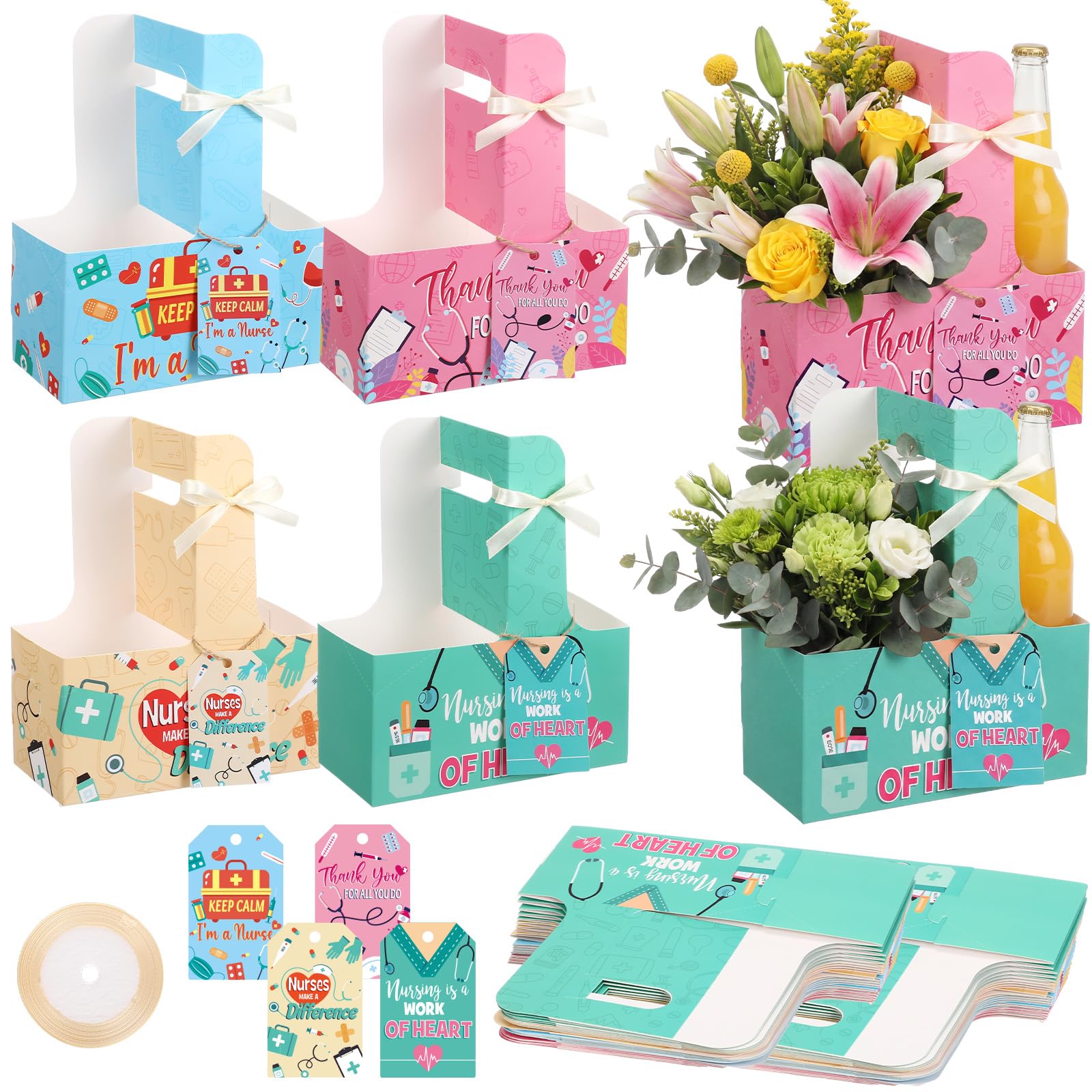 LemonRoad 24 Sets Nurse Appreciation Gifts 2 Cup Drink Carriers with Greeting Card Ribbon Disposable Cup Holders with Handle for