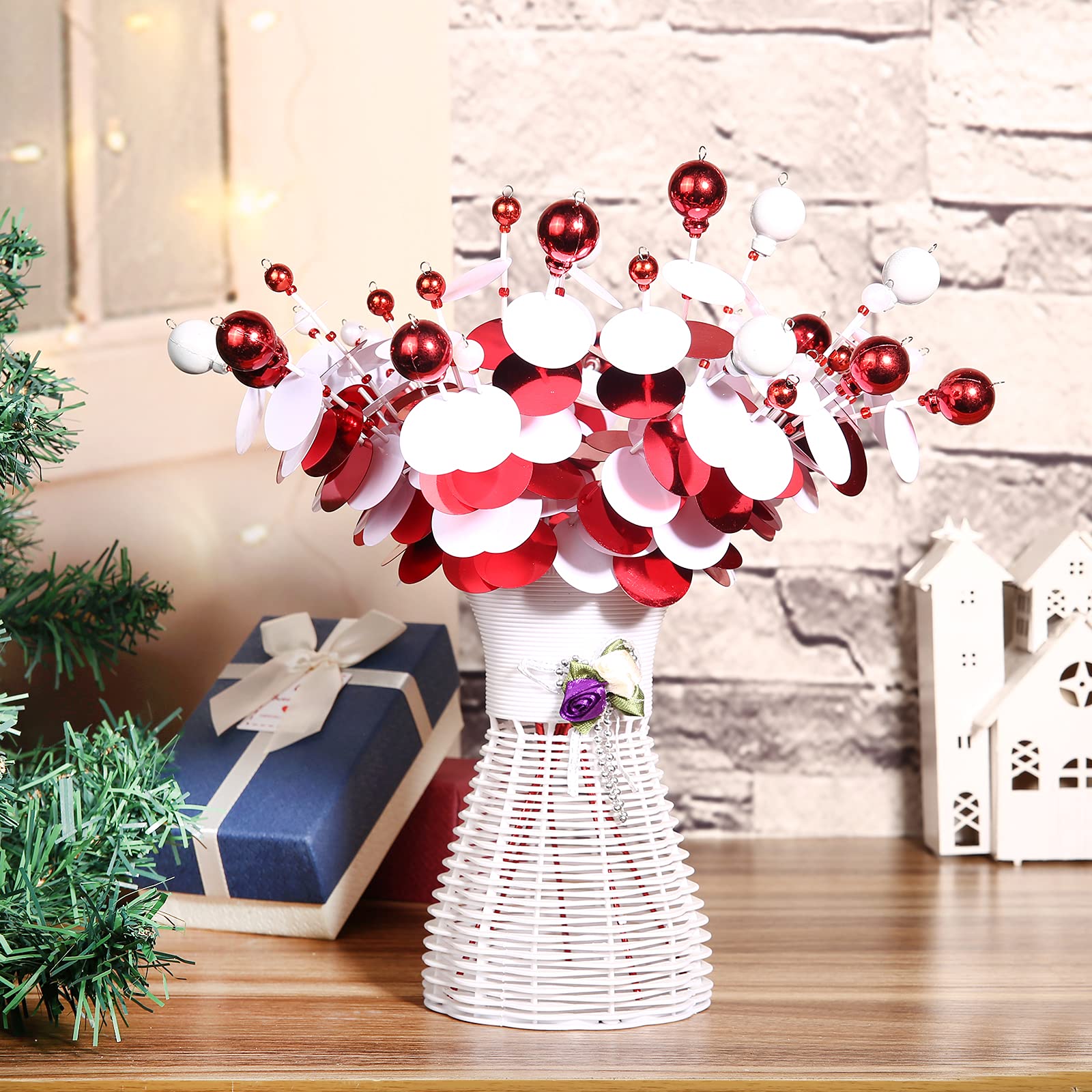 ZHANYIGY 6PC Set 12 H Red White Christmas Ornaments Sequins Ball Pick, Christmas Tree Decorations Christmas Tree Topper Star Hom