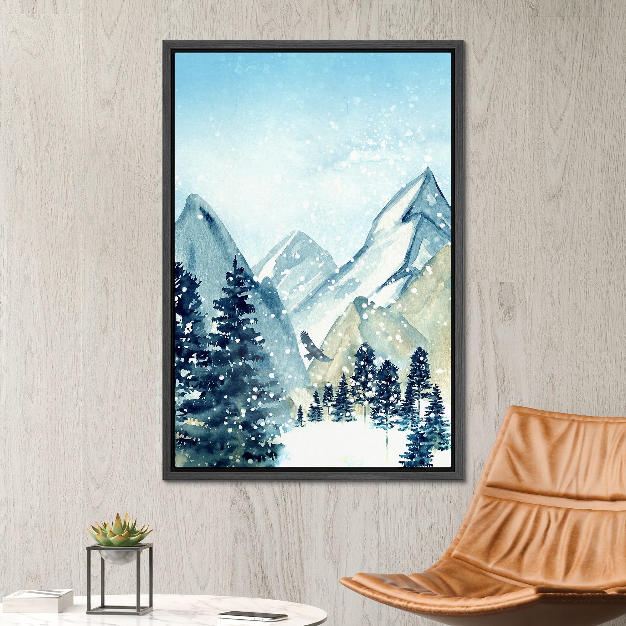 Signwin Framed Canvas Print Wall Art Woodland Nursery Decor Winter Snow Pastel Watercolor Mountain Nature Modern Art Decorative