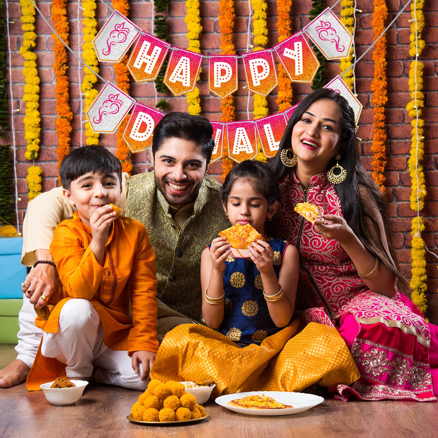 WOBBOX Diwali Decoration Bunting Banner, Happy Diwali Pink Red & Yellow Gliter With White Font, Diwali Decoration Item, Diwali D