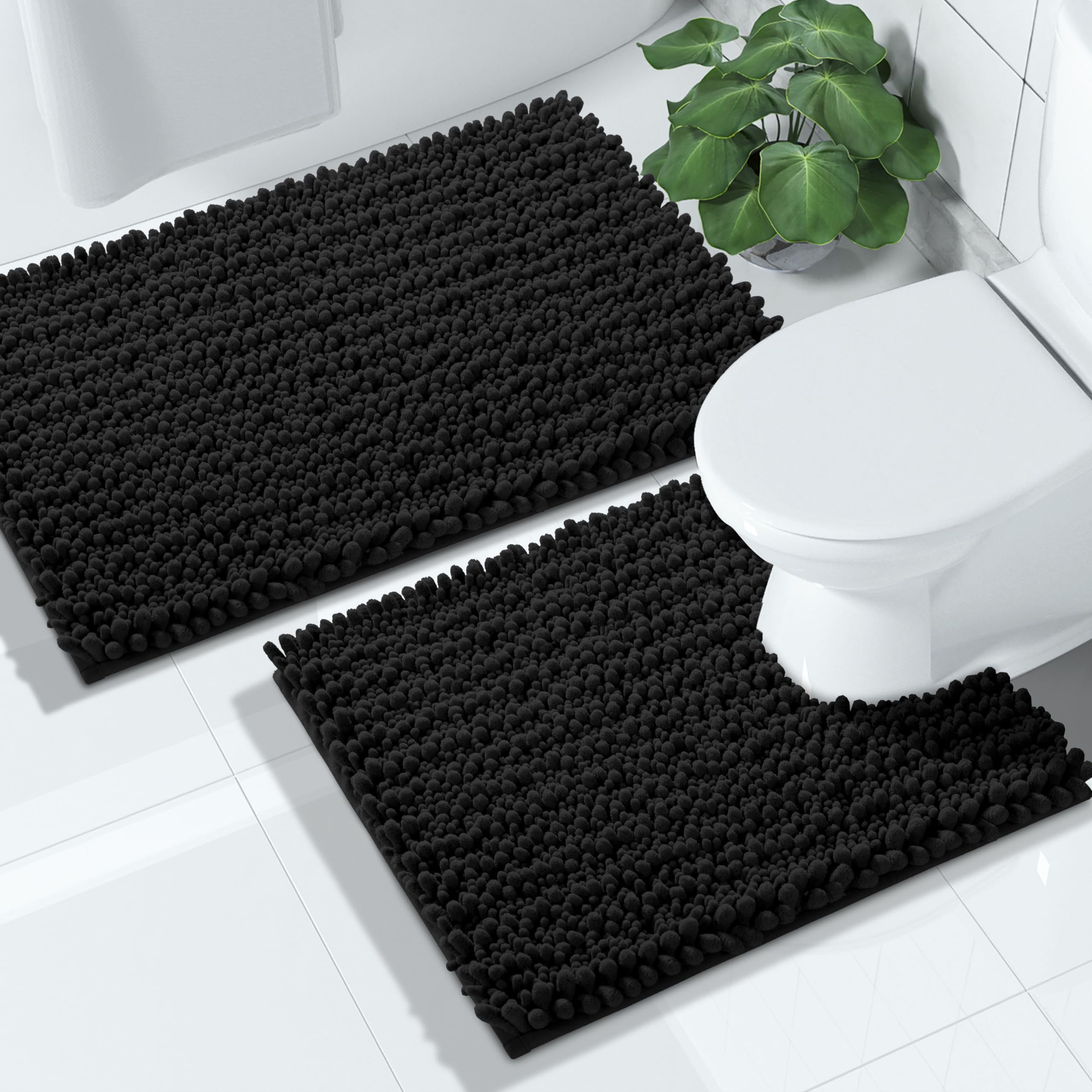 Yimobra Chenille Bathroom Rugs Sets 2 Piece, Soft Toilet Rug U-Shaped Contour And Fluffy Bath Mat Set, Non-Slip Absorbent Shower