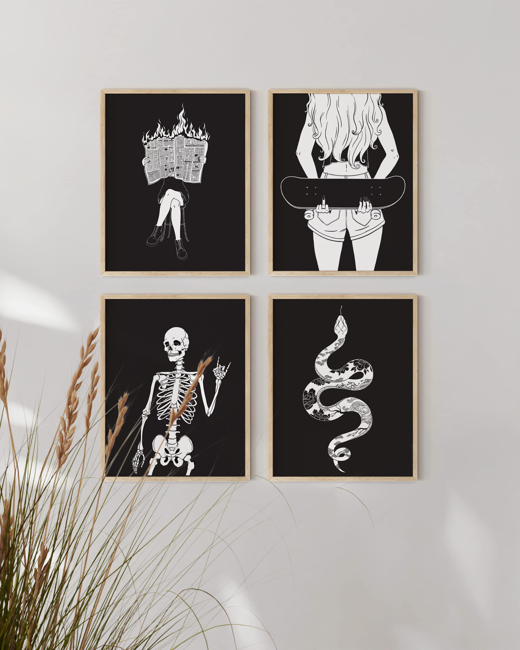 Haus And Hues Gothic Wall Decor Set Of 4 - Halloween Pictures Wall Decor For Teen Girls, Skeleton Wall Art For Halloween Decorat