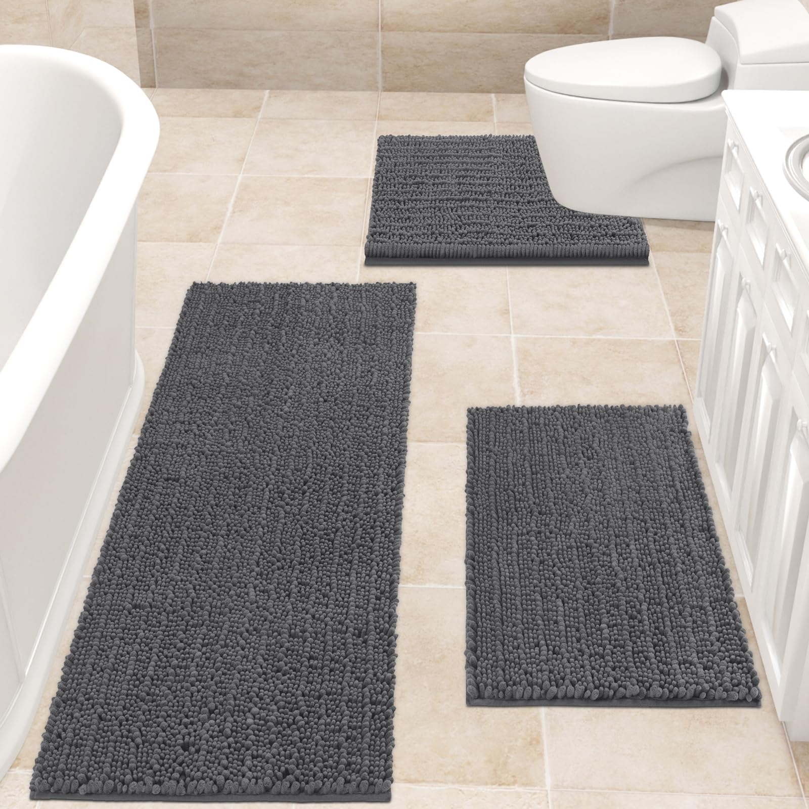 Accumtek Upgrade Extra Large Grey Bathroom Rug Set 3 Pieces Gray Ultra Soft, Thick Absorbent Bath Mats, Non Slip Chenille Toilet