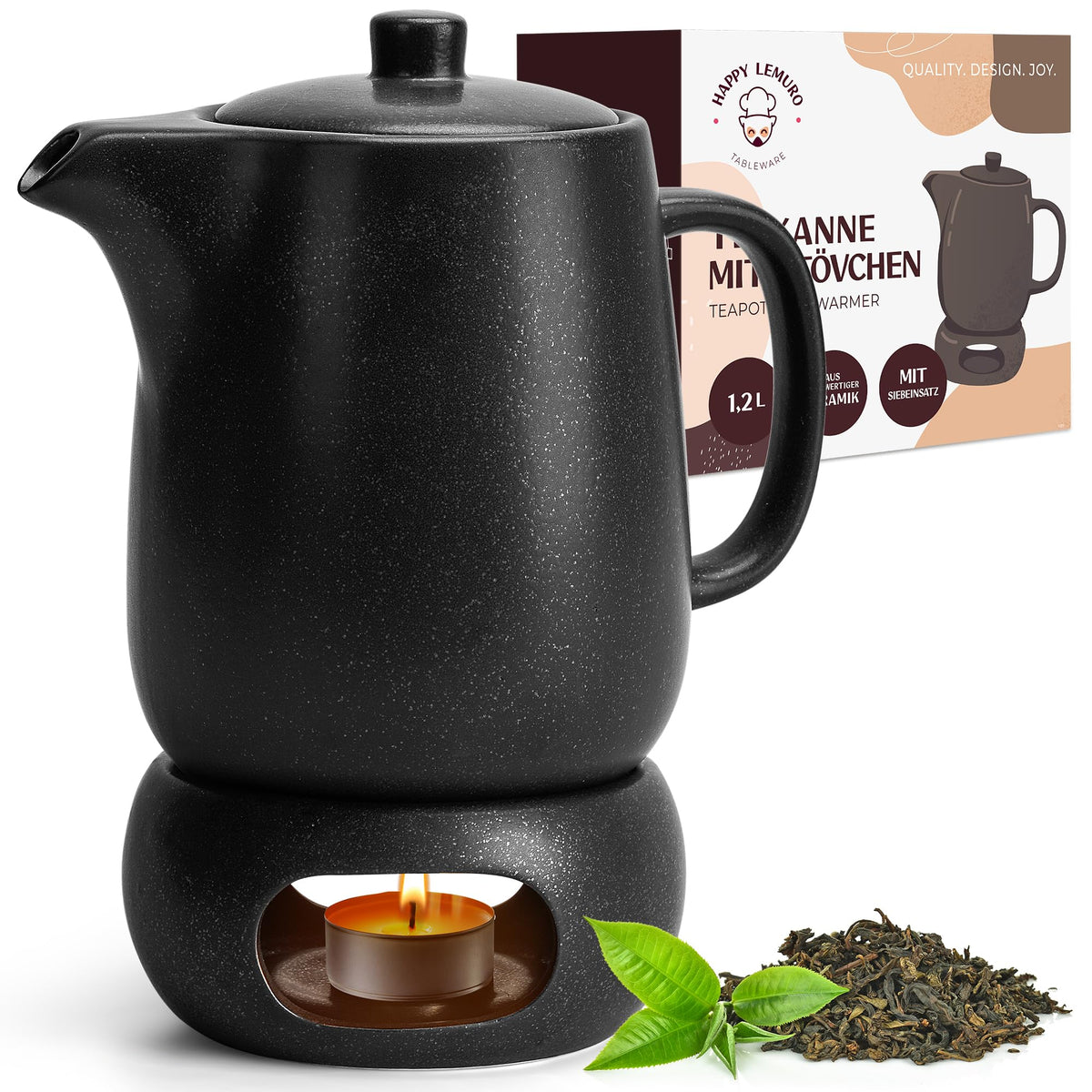 Happy Lemuro Tea Pot With Warmer Set - 40 Oz - Ceramic Teapot With Strainer - Large Tea Pot With Infuser For Loose Tea - Clay Te